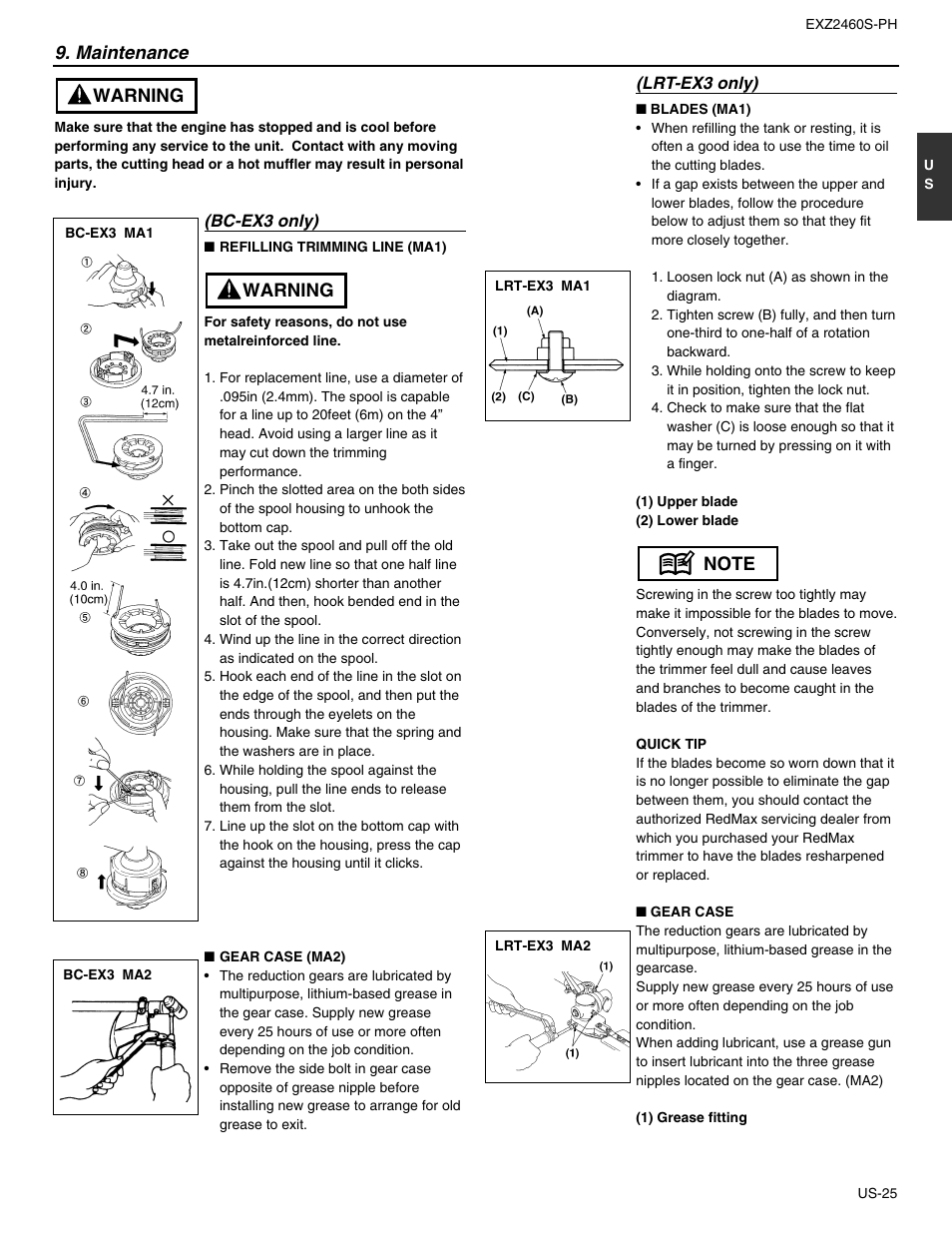 Maintenance, Warning | RedMax EXTREME EXZ2460S-PH User Manual | Page 25 / 31