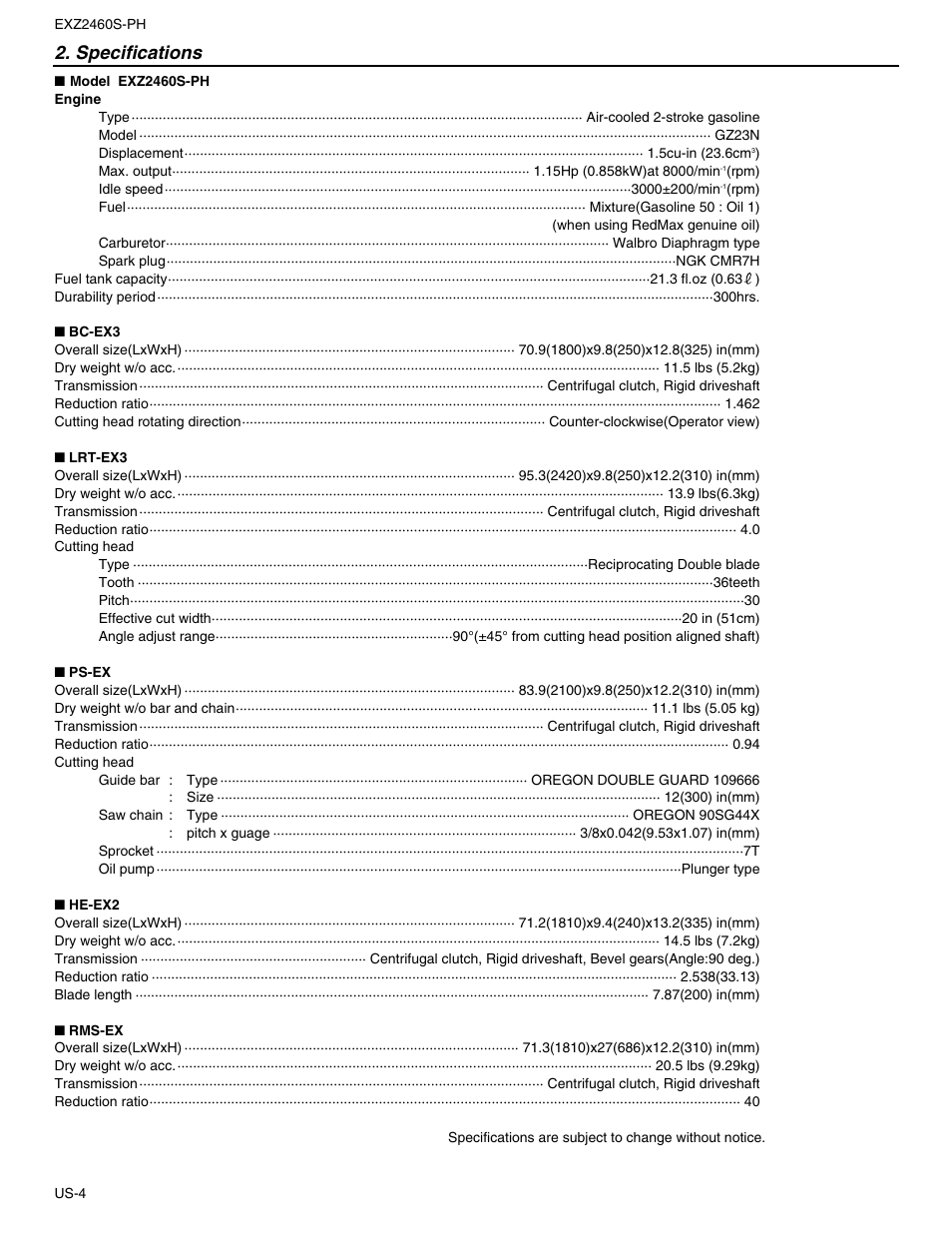 Specifications | RedMax EXTREME EXZ2460S-PH User Manual | Page 4 / 31