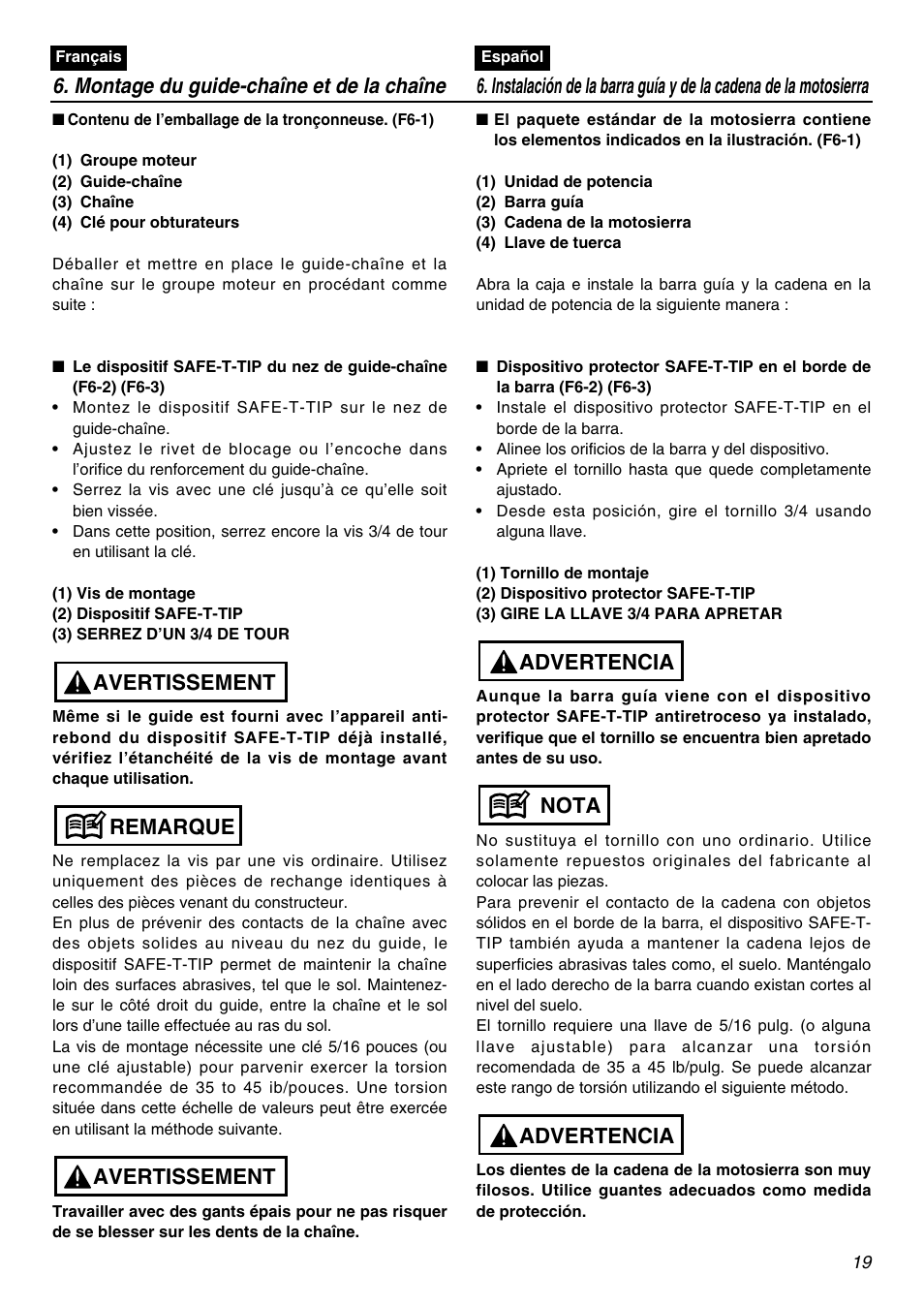 Avertissement remarque avertissement, Advertencia nota advertencia | RedMax GZ400 User Manual | Page 19 / 72