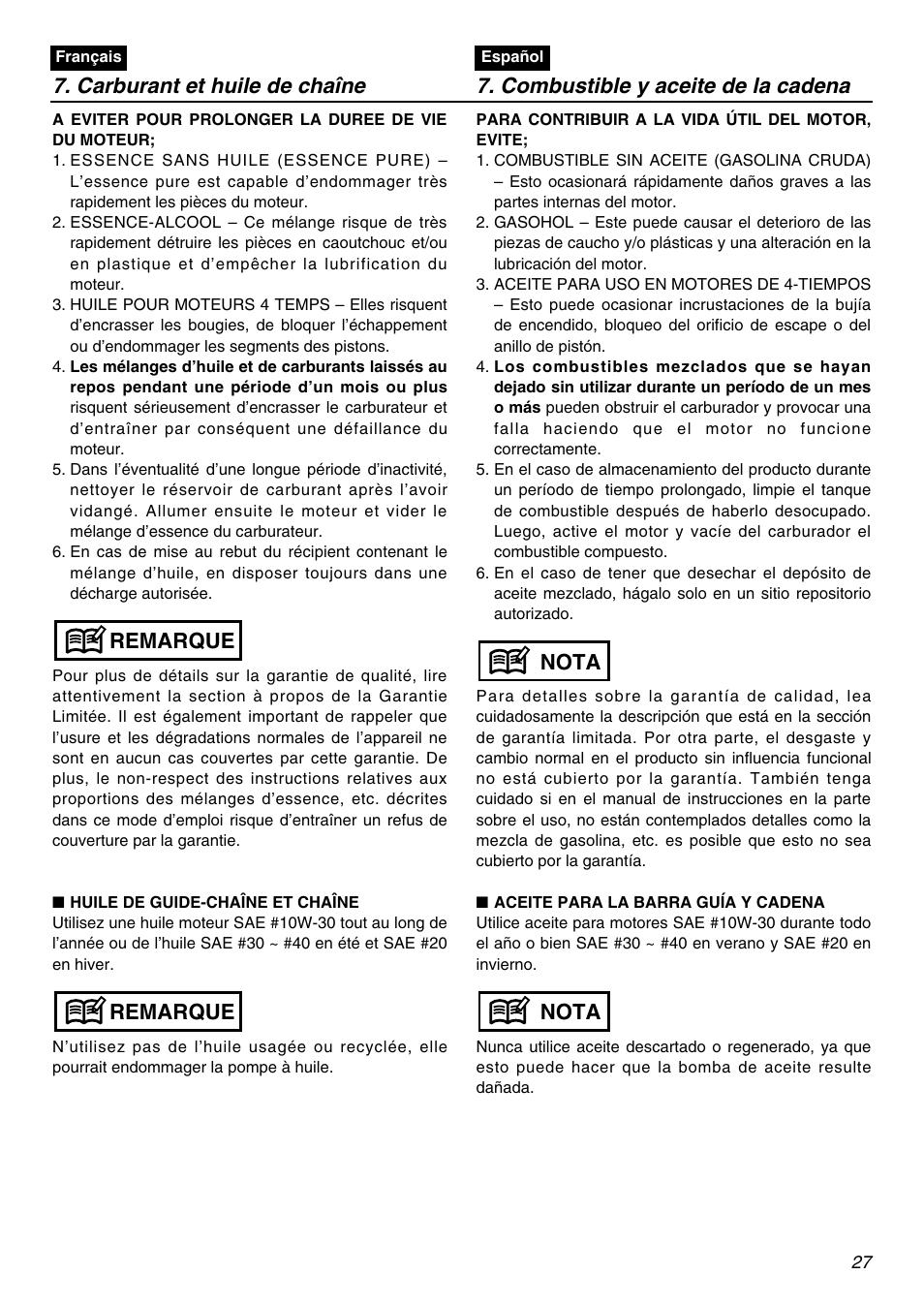 Nota, Remarque | RedMax GZ400 User Manual | Page 27 / 72