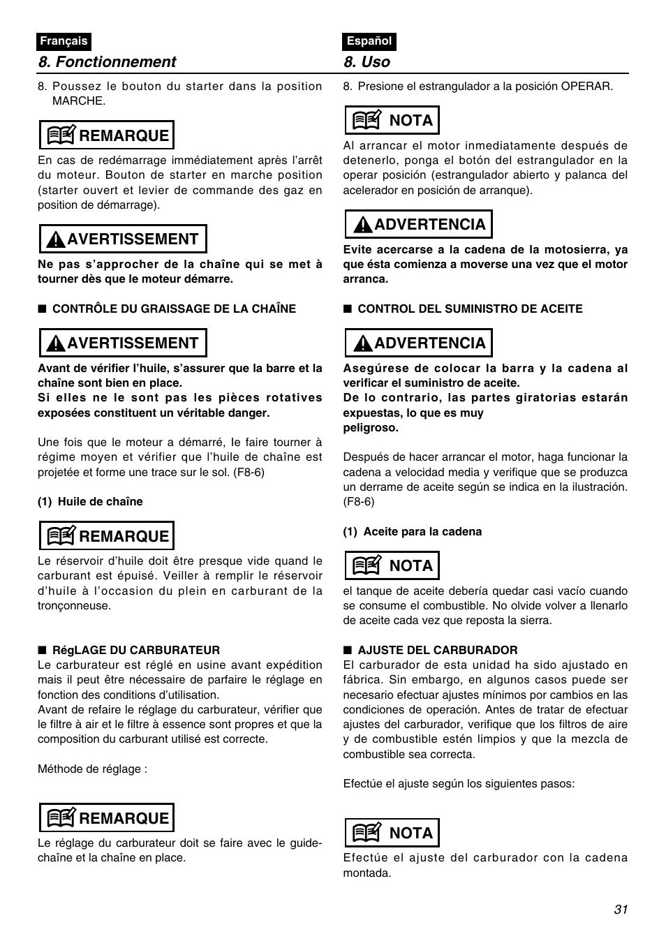 Fonctionnement 8. uso, Remarque, Remarque avertissement avertissement remarque | Nota, Nota advertencia advertencia nota | RedMax GZ400 User Manual | Page 31 / 72