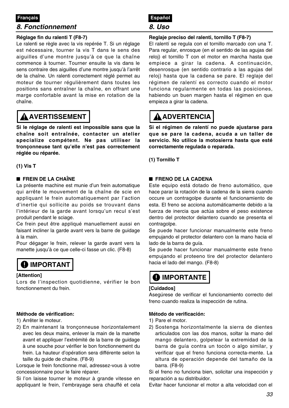 Fonctionnement 8. uso, Important avertissement, Importante advertencia | RedMax GZ400 User Manual | Page 33 / 72