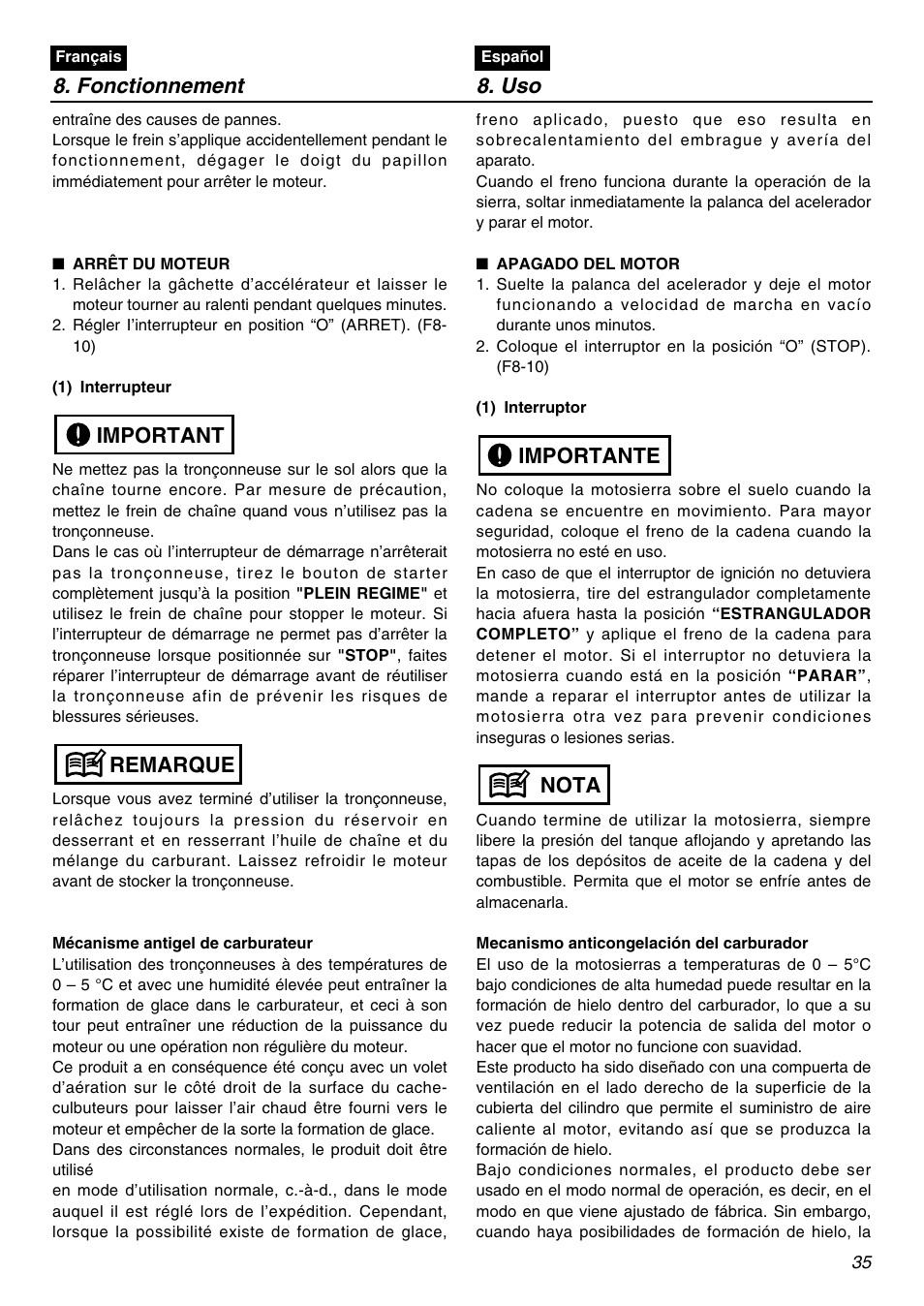 Fonctionnement 8. uso, Remarque important, Nota importante | RedMax GZ400 User Manual | Page 35 / 72