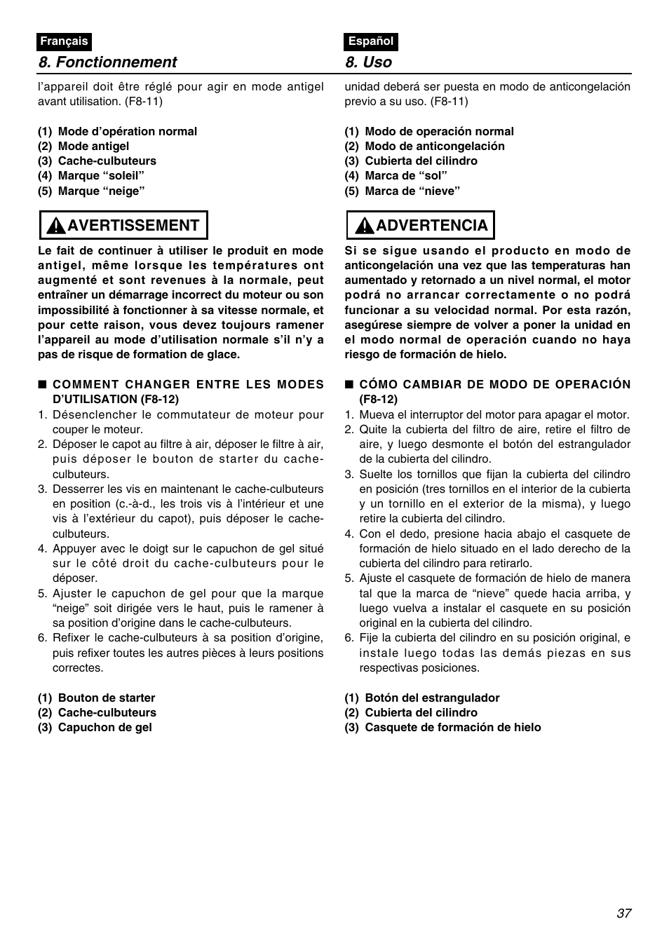 Fonctionnement 8. uso, Avertissement, Advertencia | RedMax GZ400 User Manual | Page 37 / 72