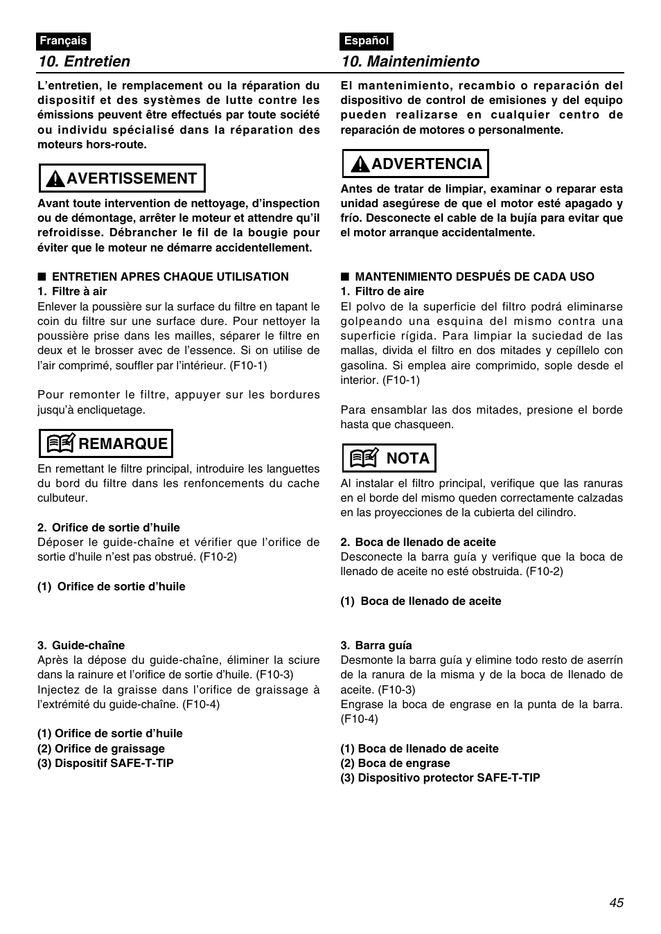 Nota advertencia, Entretien, Maintenimiento | Remarque avertissement | RedMax GZ400 User Manual | Page 45 / 72