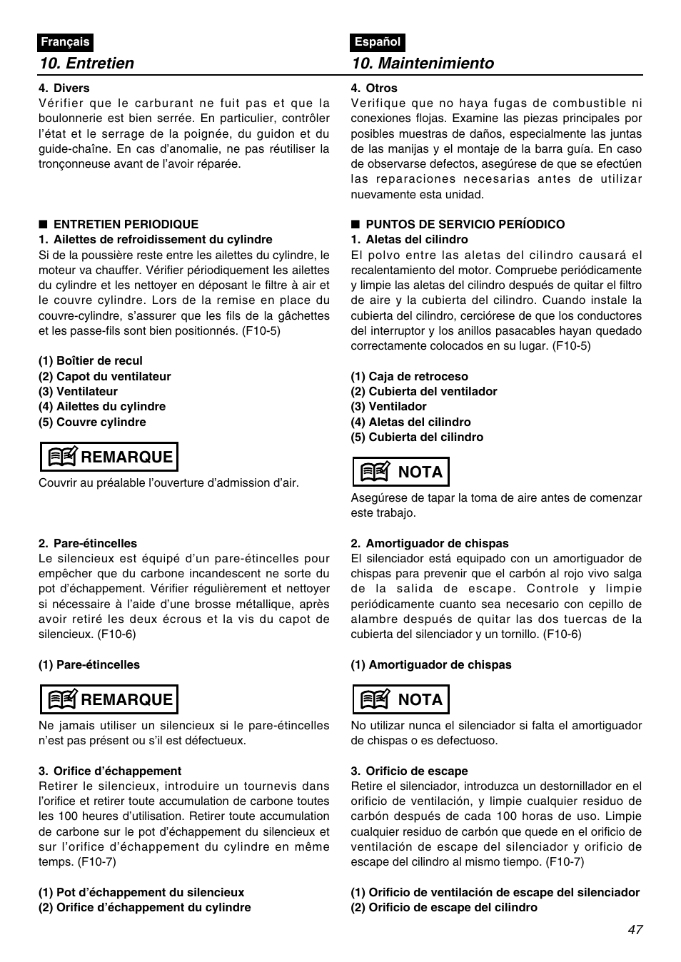 Entretien, Maintenimiento, Remarque | Nota | RedMax GZ400 User Manual | Page 47 / 72
