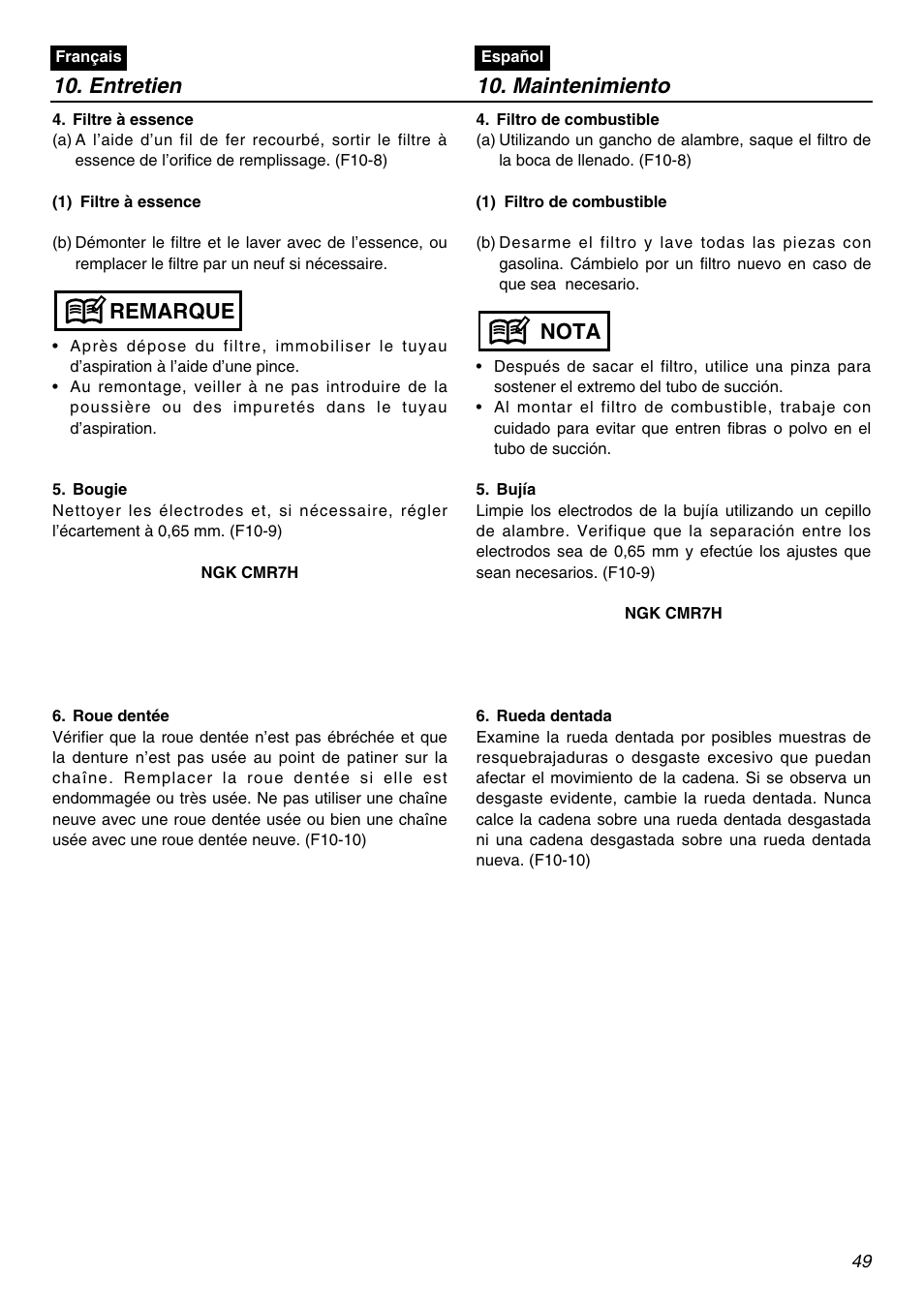 Entretien, Maintenimiento, Remarque | Nota | RedMax GZ400 User Manual | Page 49 / 72