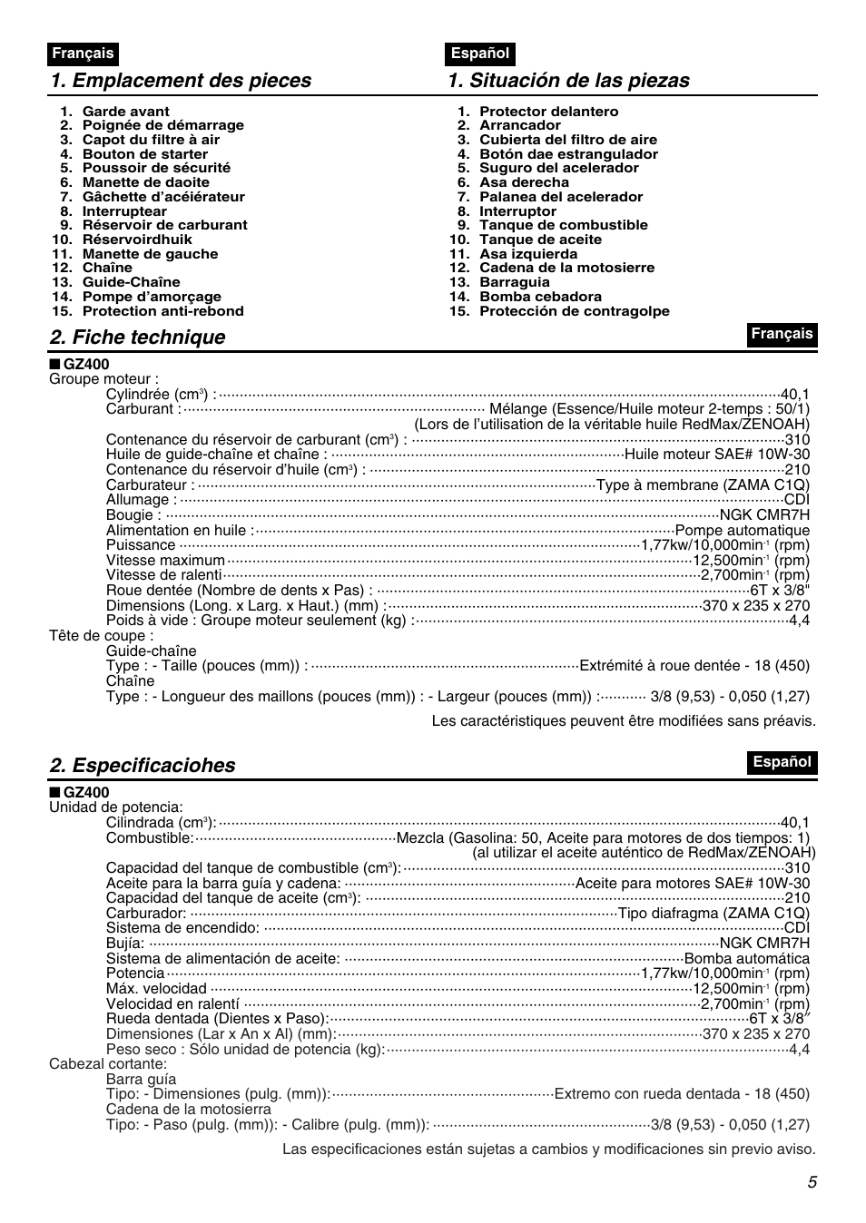 Emplacement des pieces 1. situación de las piezas, Fiche technique, Especificaciohes | RedMax GZ400 User Manual | Page 5 / 72