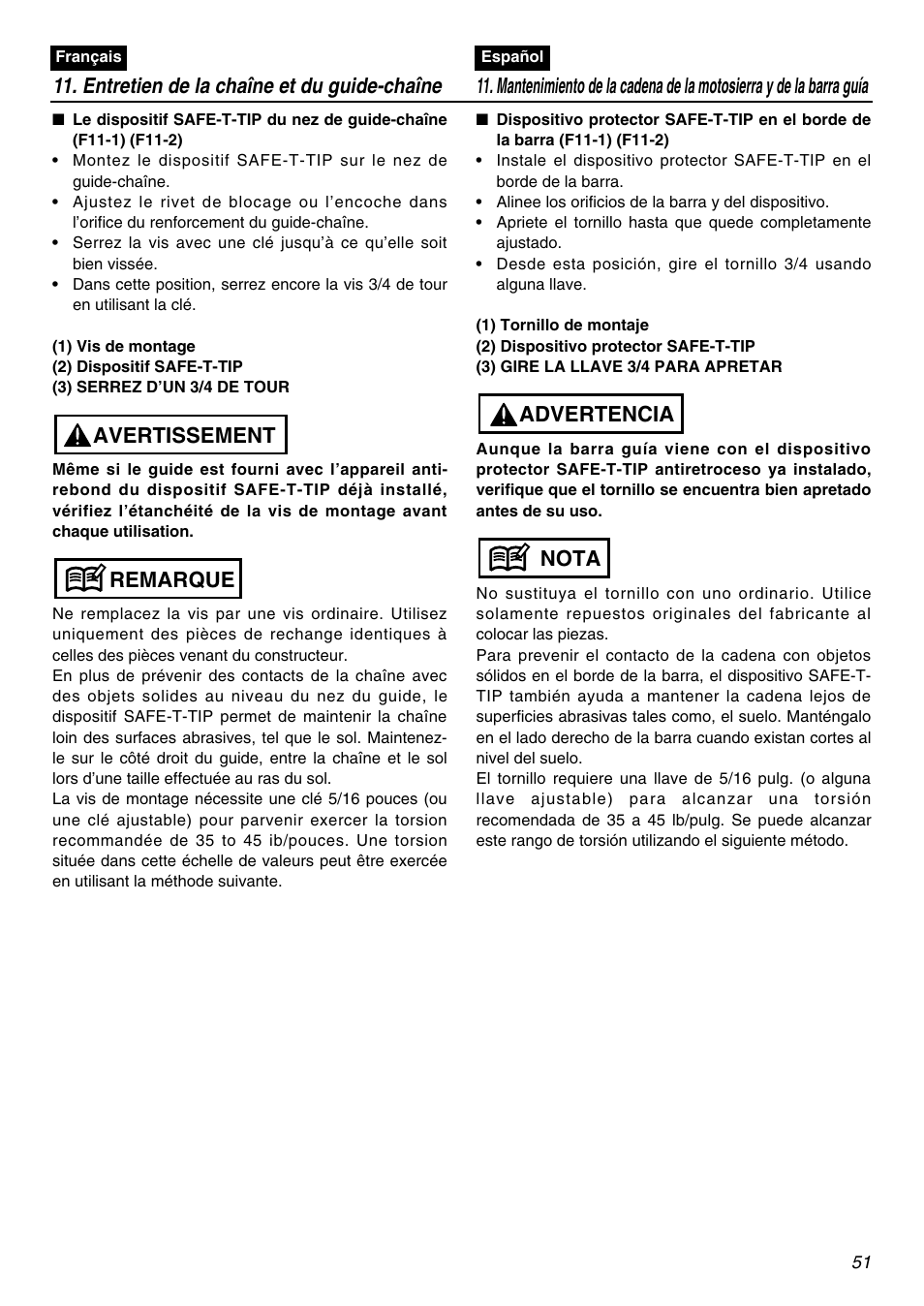 Entretien de la chaîne et du guide-chaîne, Remarque avertissement, Nota advertencia | RedMax GZ400 User Manual | Page 51 / 72