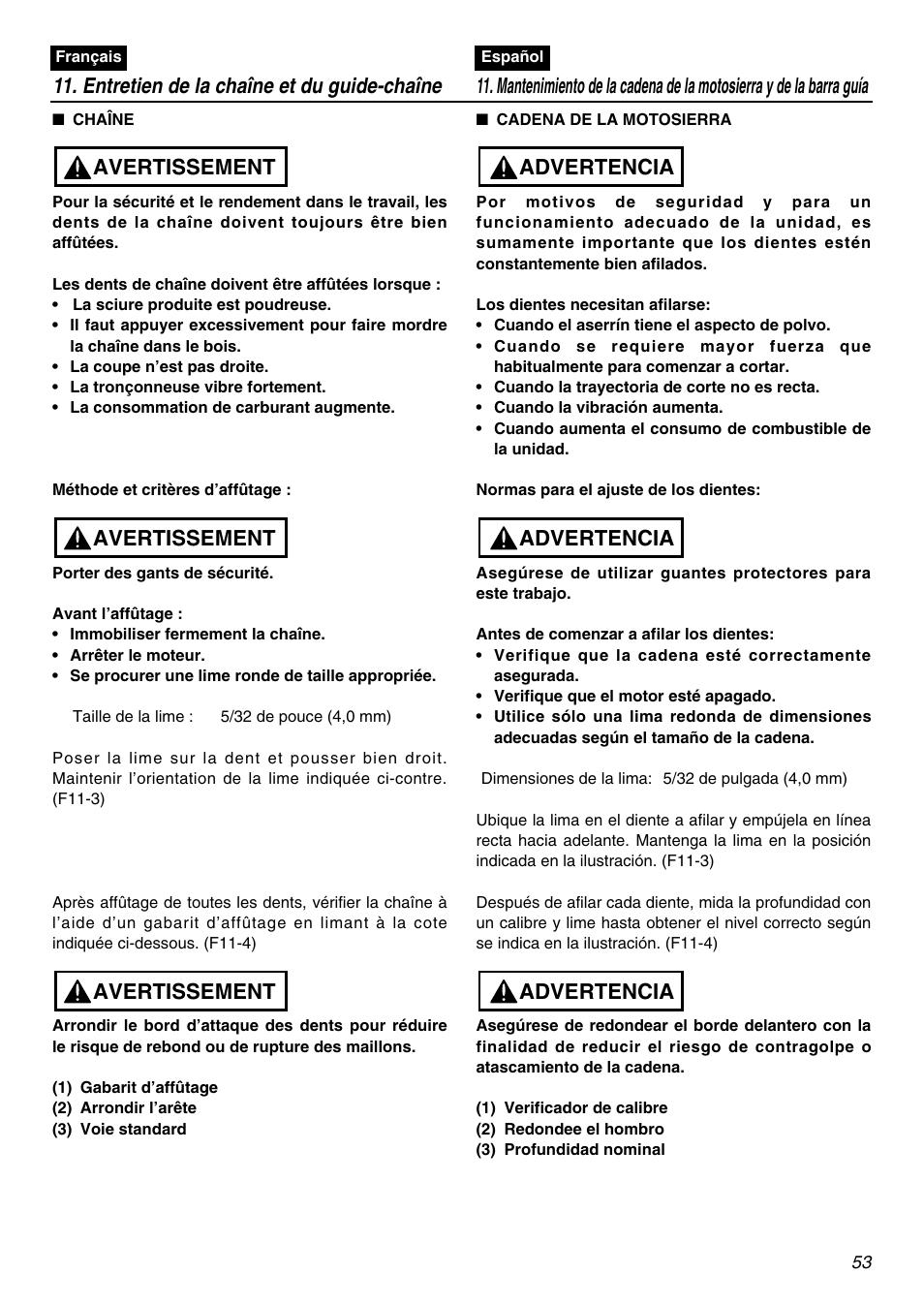 Entretien de la chaîne et du guide-chaîne, Avertissement, Advertencia | RedMax GZ400 User Manual | Page 53 / 72