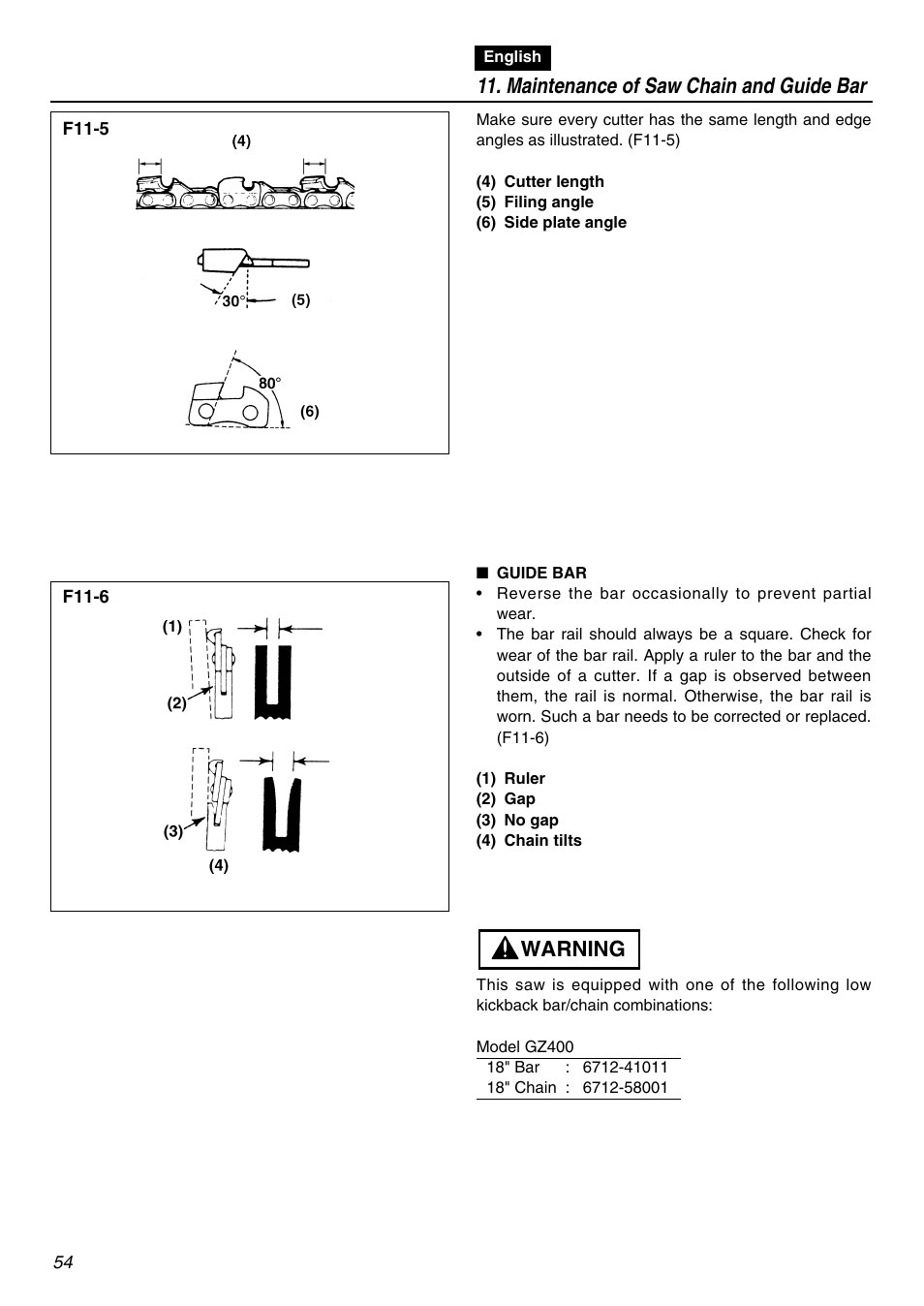 Warning, Maintenance of saw chain and guide bar | RedMax GZ400 User Manual | Page 54 / 72