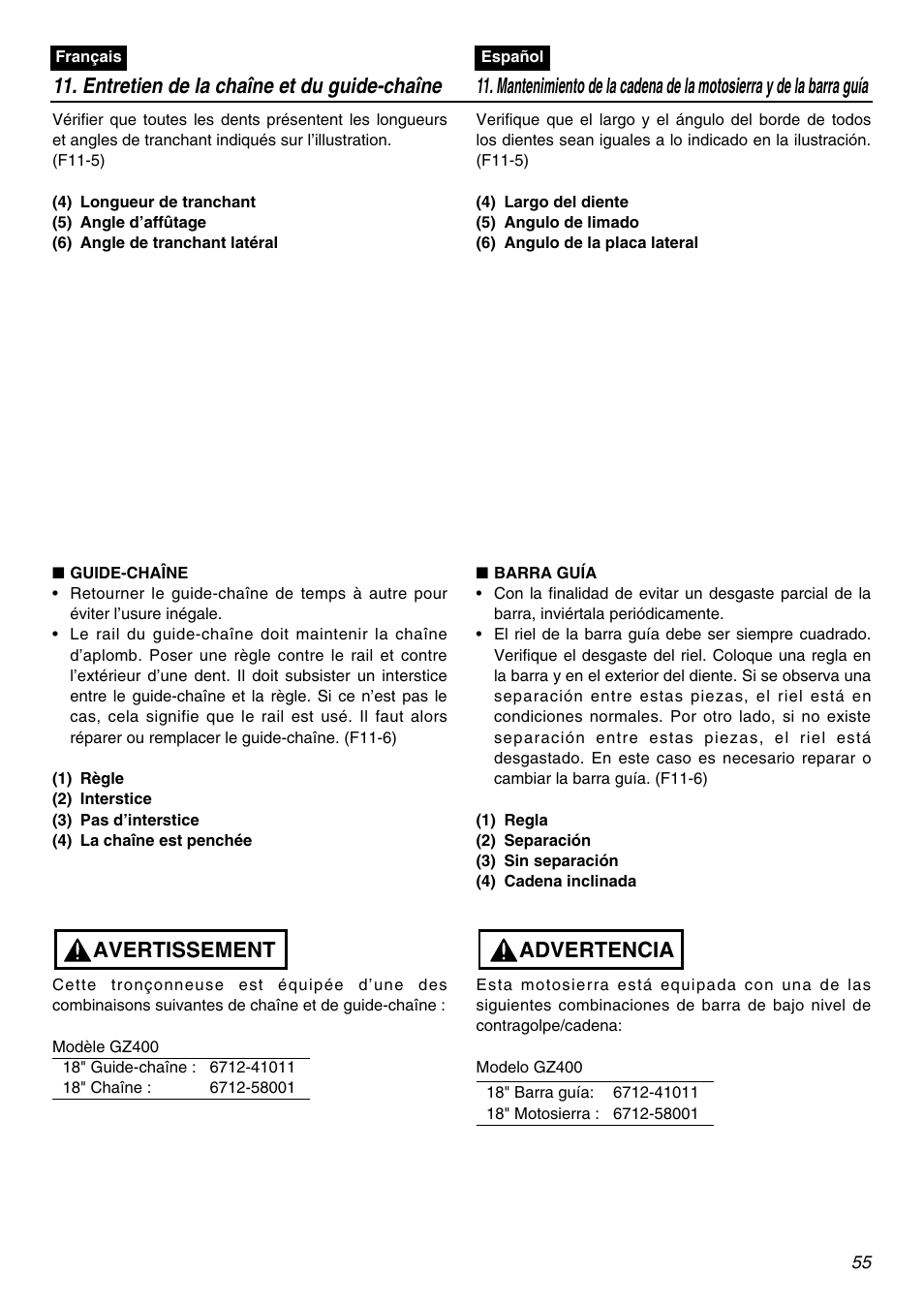 Entretien de la chaîne et du guide-chaîne, Avertissement, Advertencia | RedMax GZ400 User Manual | Page 55 / 72