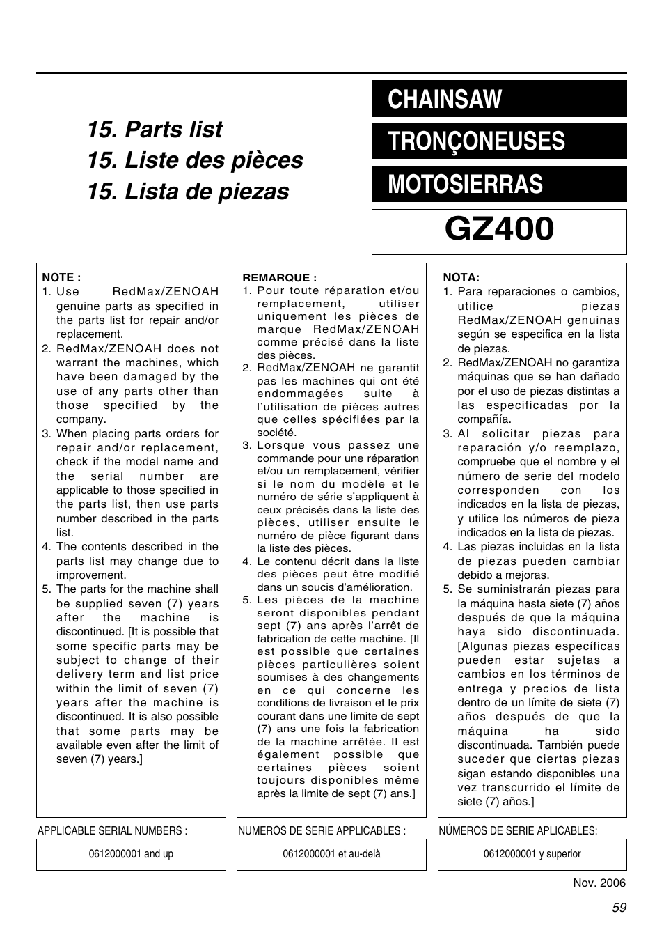 Gz400, Chainsaw tronçoneuses motosierras | RedMax GZ400 User Manual | Page 59 / 72