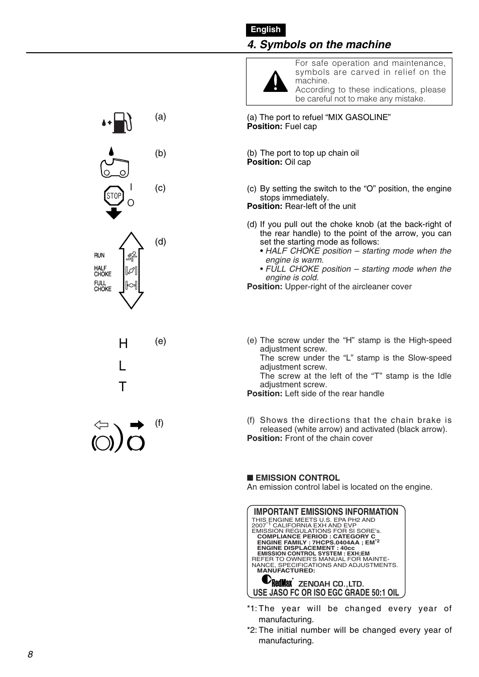 Symbols on the machine | RedMax GZ400 User Manual | Page 8 / 72