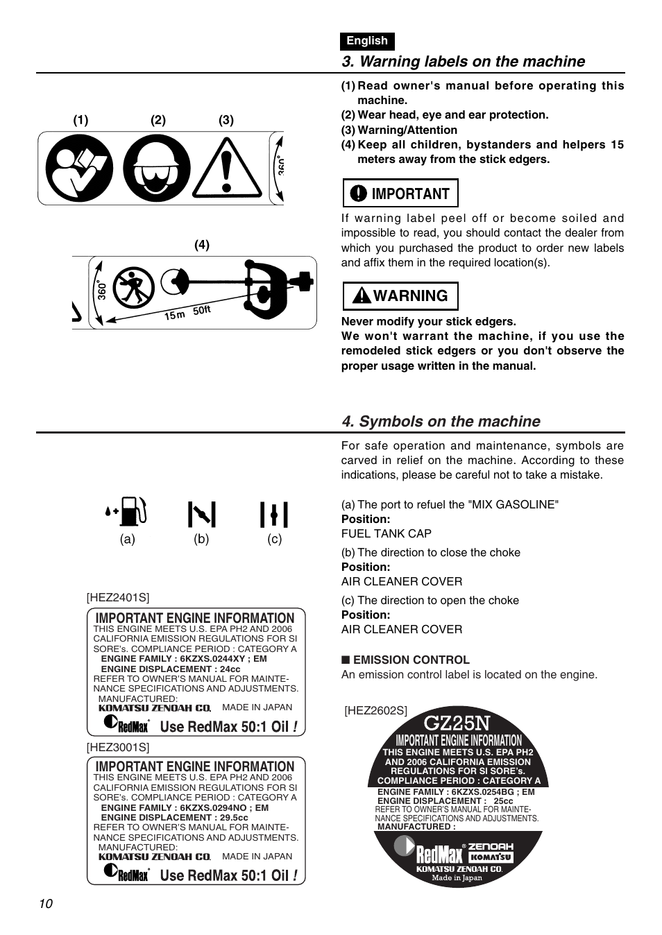 Warning labels on the machine, Warning important, Important engine information | Symbols on the machine | RedMax HEZ2401S User Manual | Page 10 / 64
