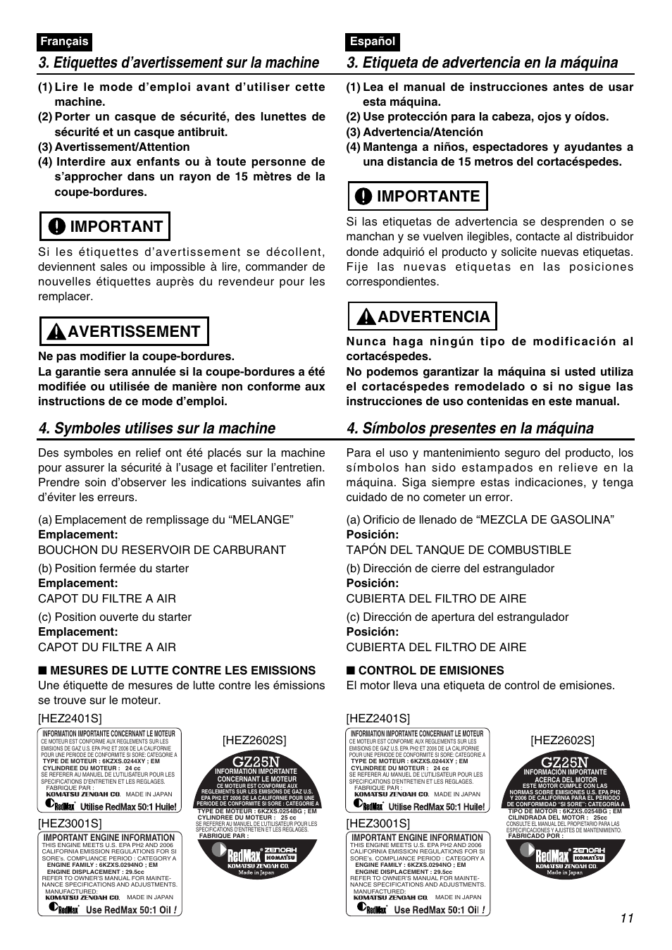 Avertissement important, Advertencia importante | RedMax HEZ2401S User Manual | Page 11 / 64