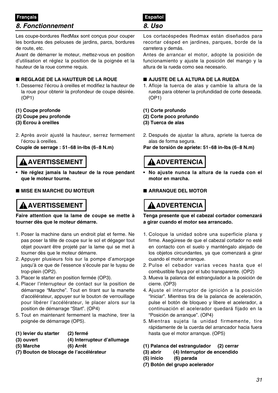 Fonctionnement 8. uso, Avertissement, Advertencia | RedMax HEZ2401S User Manual | Page 31 / 64