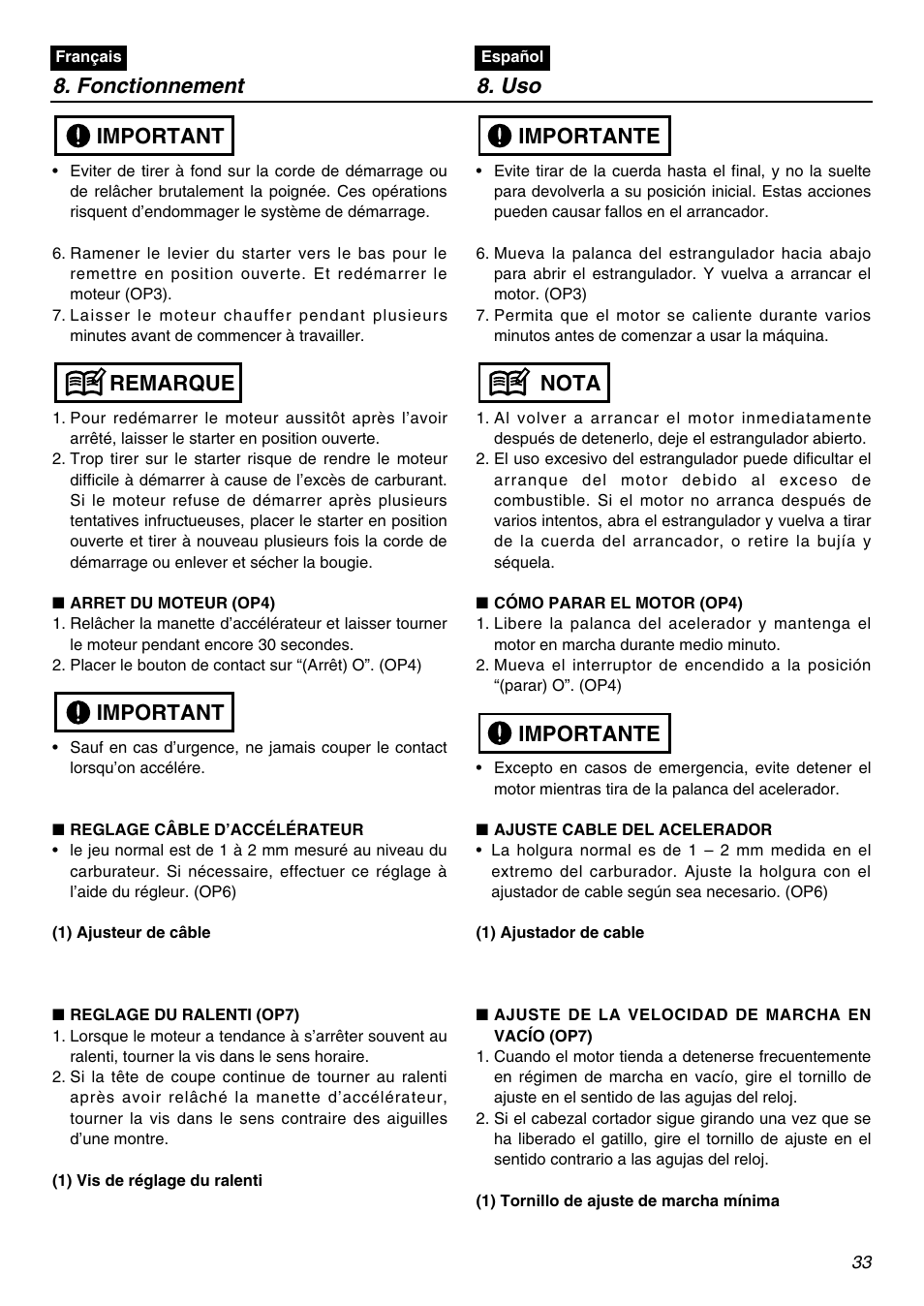 Fonctionnement 8. uso, Important remarque important, Importante nota importante | RedMax HEZ2401S User Manual | Page 33 / 64