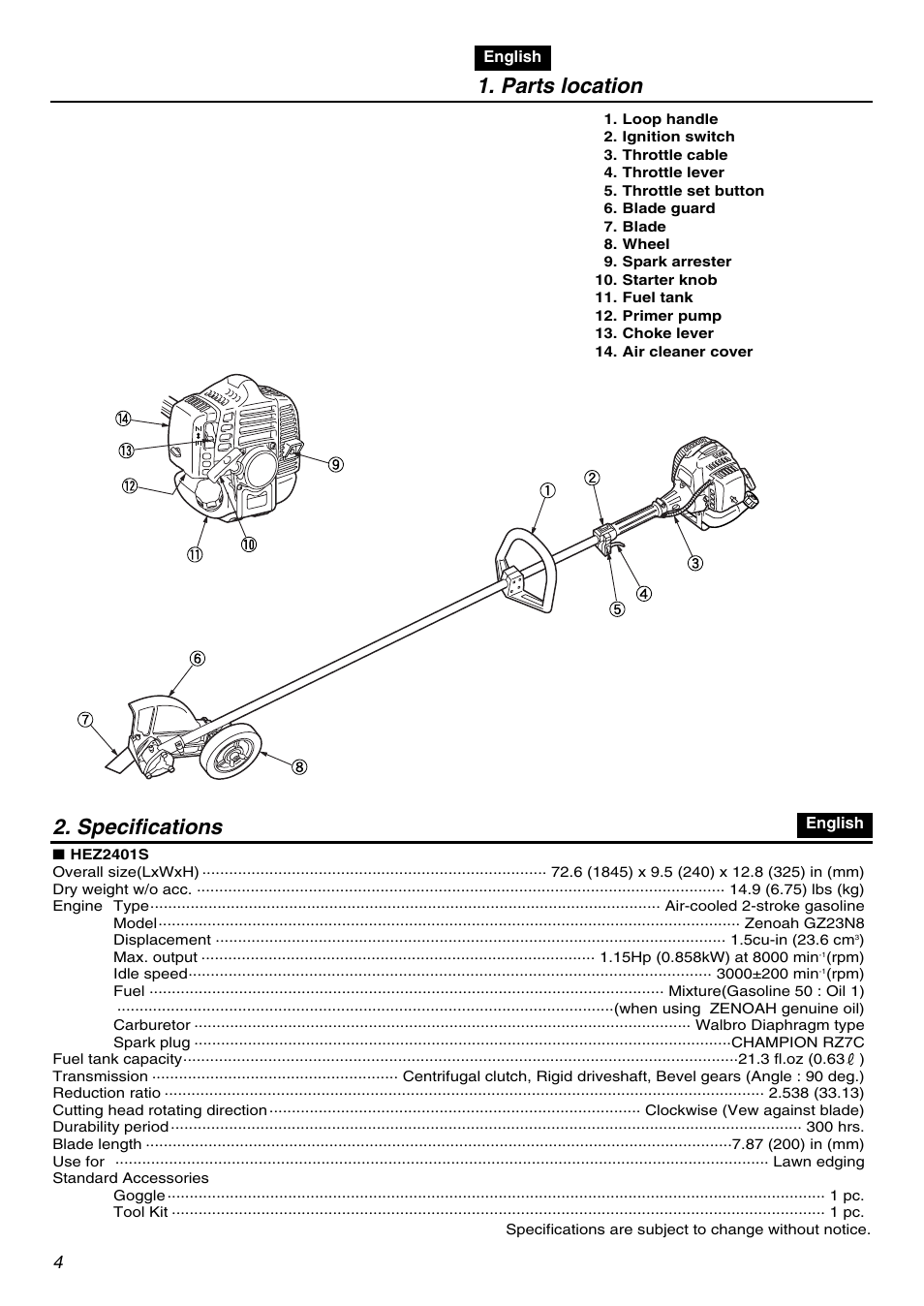 Parts location, Specifications | RedMax HEZ2401S User Manual | Page 4 / 64