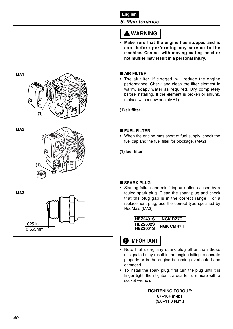 Maintenance, Important warning | RedMax HEZ2401S User Manual | Page 40 / 64
