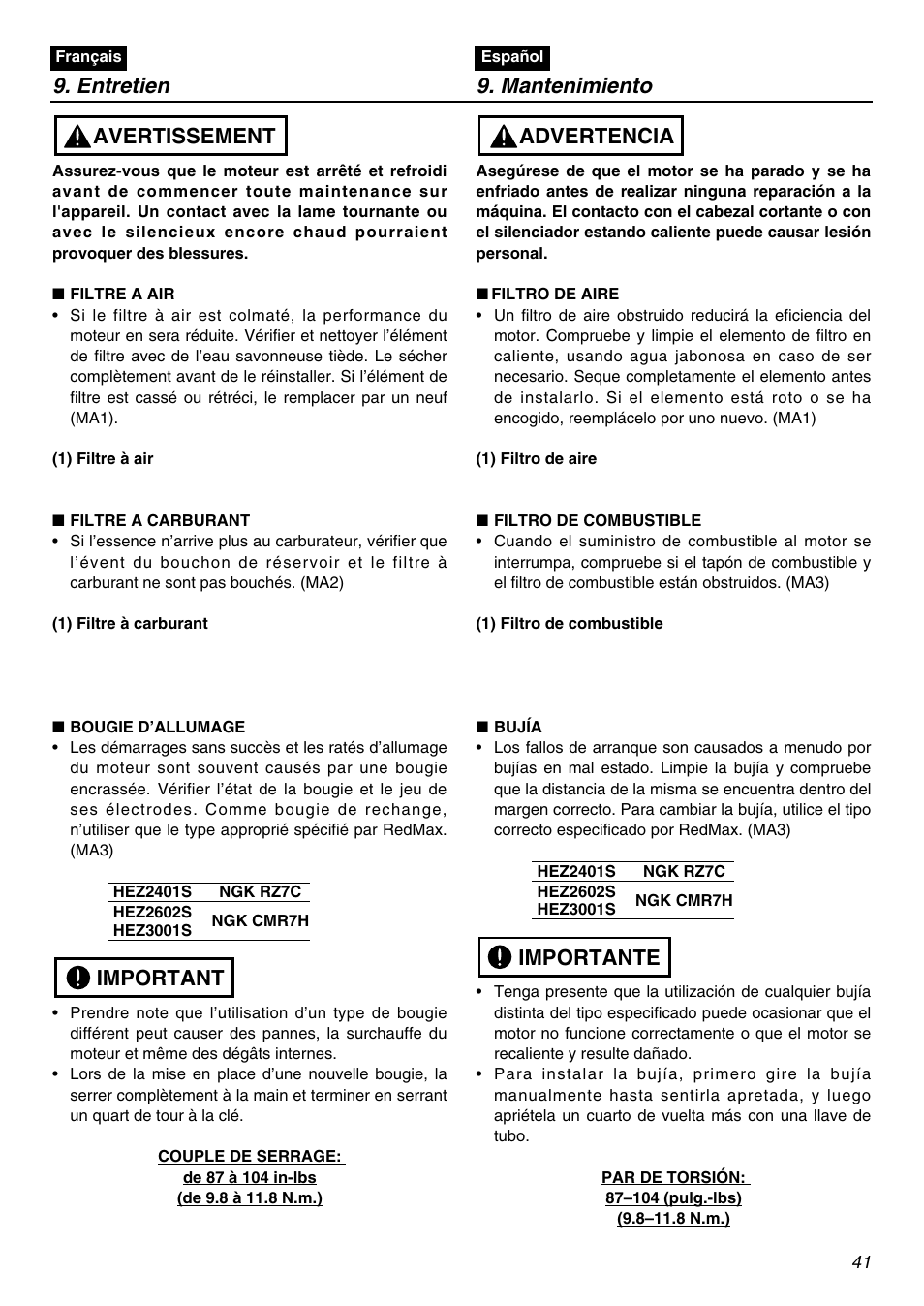 Entretien 9. mantenimiento, Important avertissement, Importante advertencia | RedMax HEZ2401S User Manual | Page 41 / 64