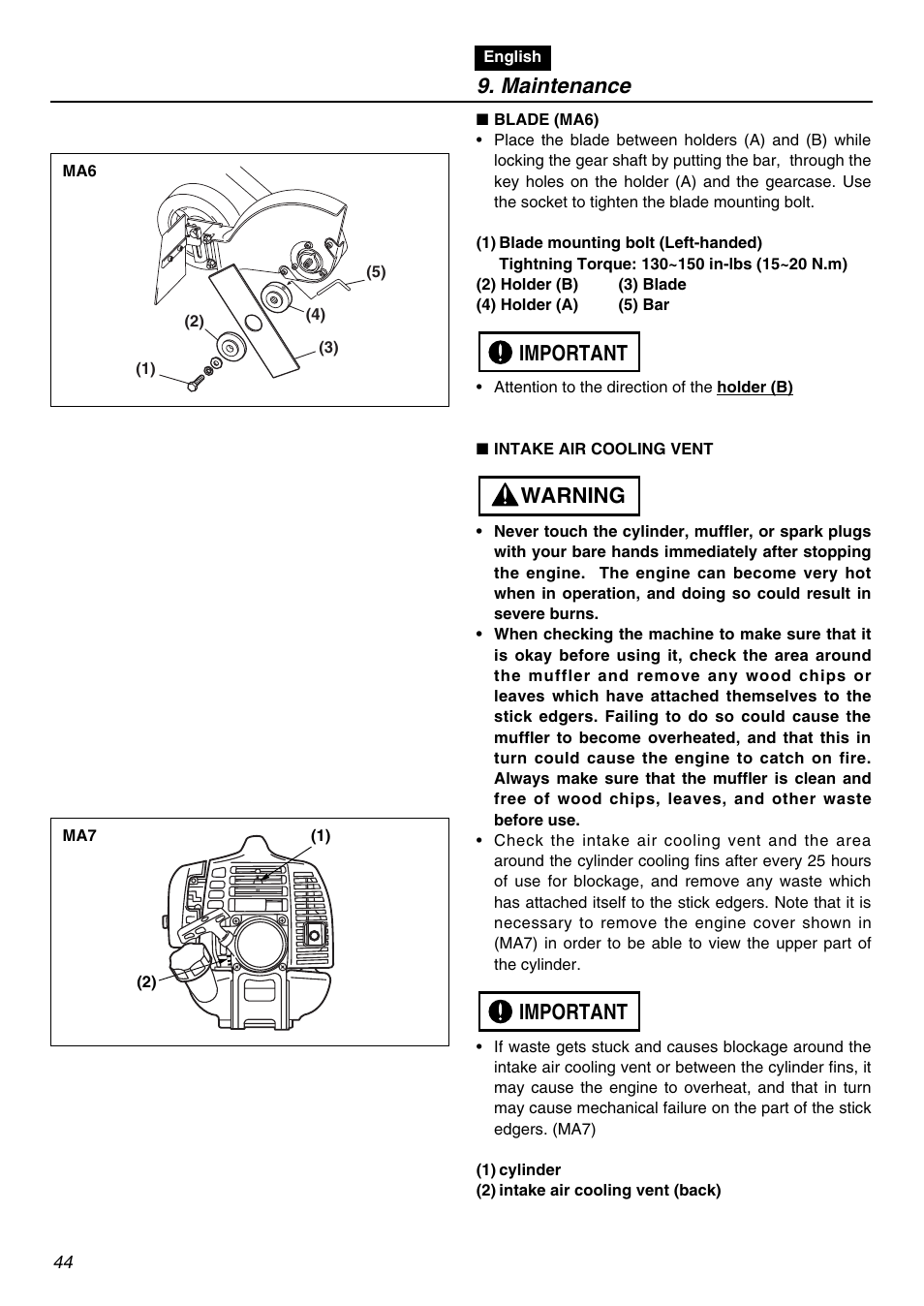 Maintenance, Important warning important | RedMax HEZ2401S User Manual | Page 44 / 64