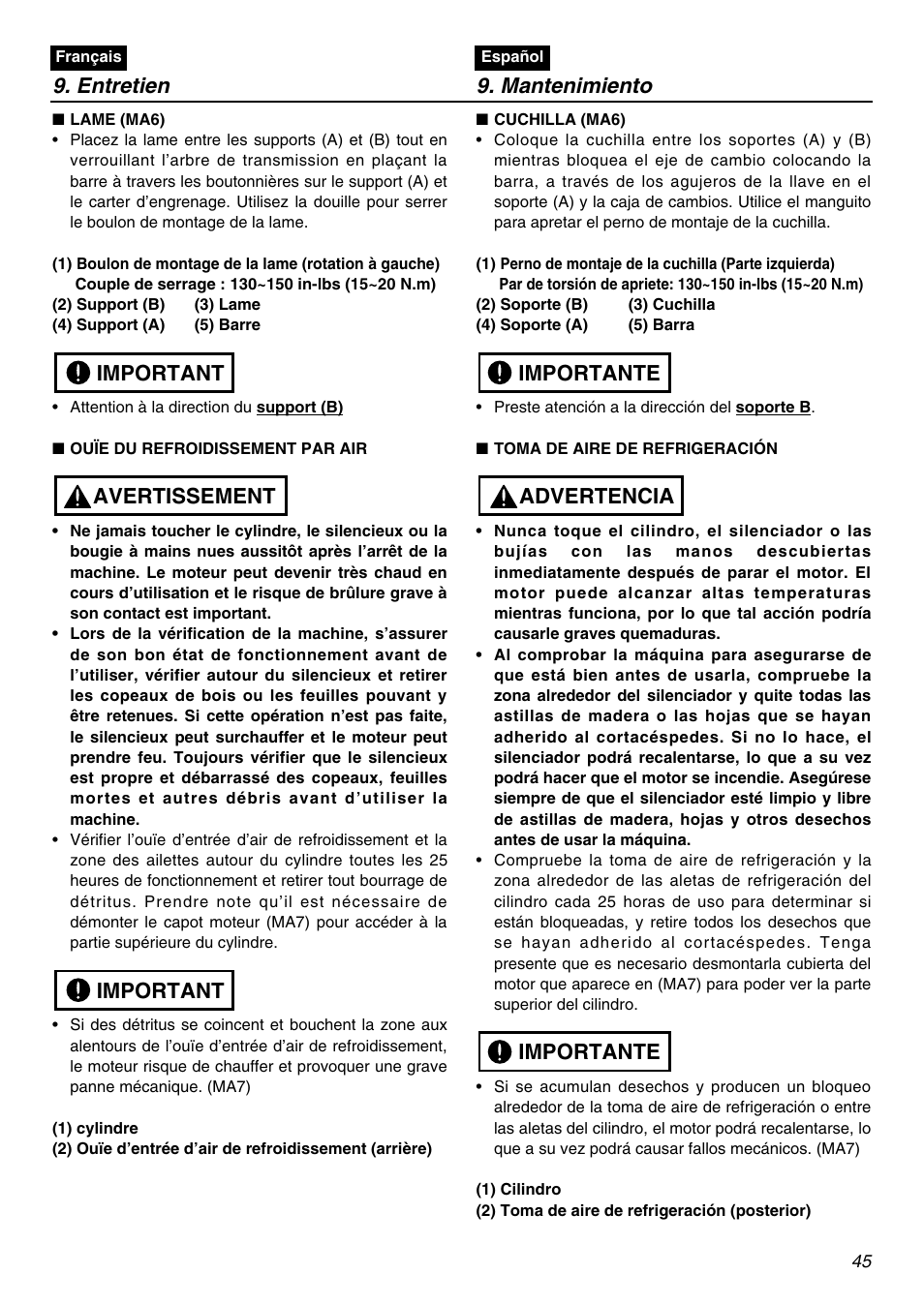 Entretien 9. mantenimiento, Important avertissement important, Importante advertencia importante | RedMax HEZ2401S User Manual | Page 45 / 64