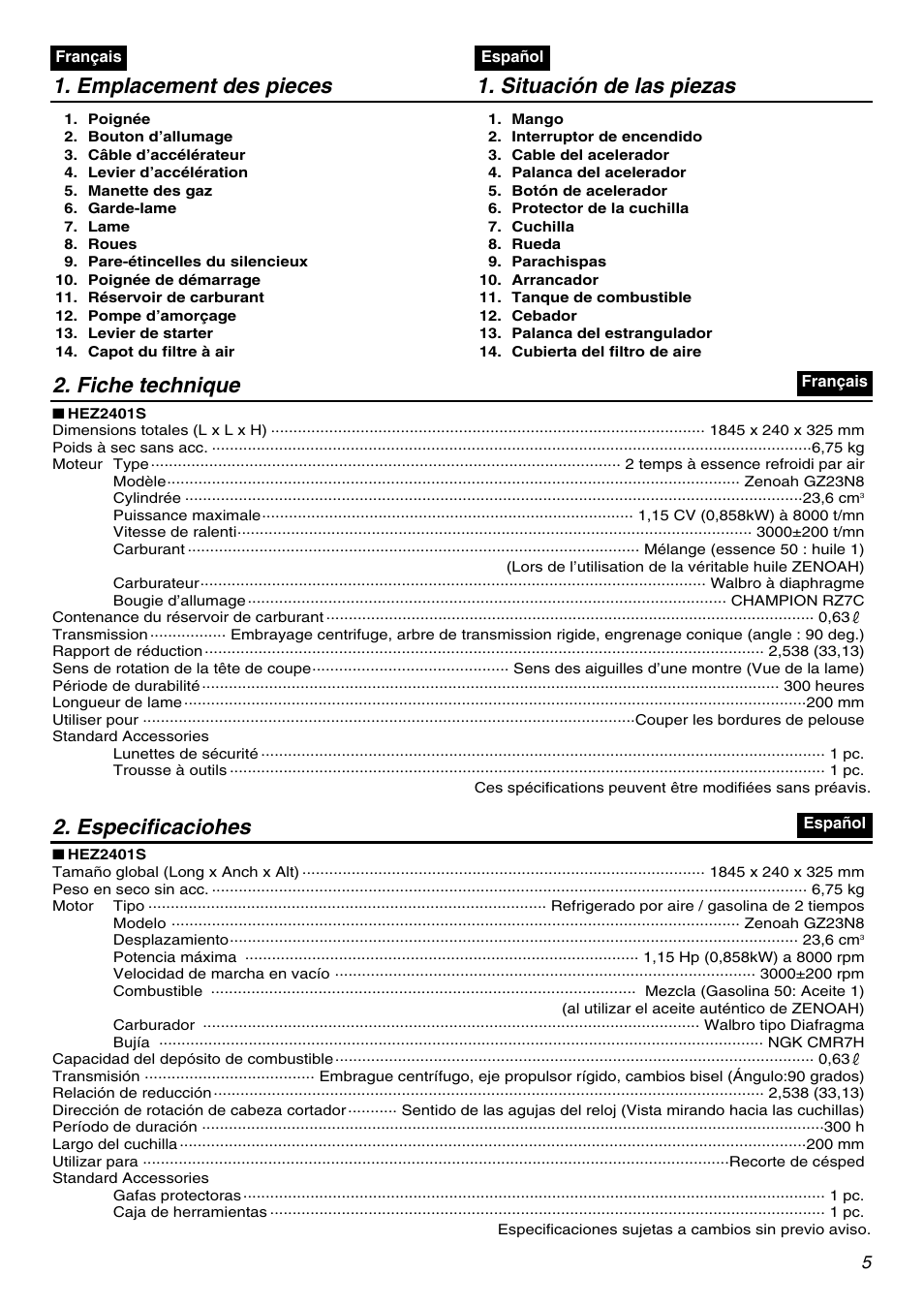 Emplacement des pieces 1. situación de las piezas, Fiche technique, Especificaciohes | RedMax HEZ2401S User Manual | Page 5 / 64