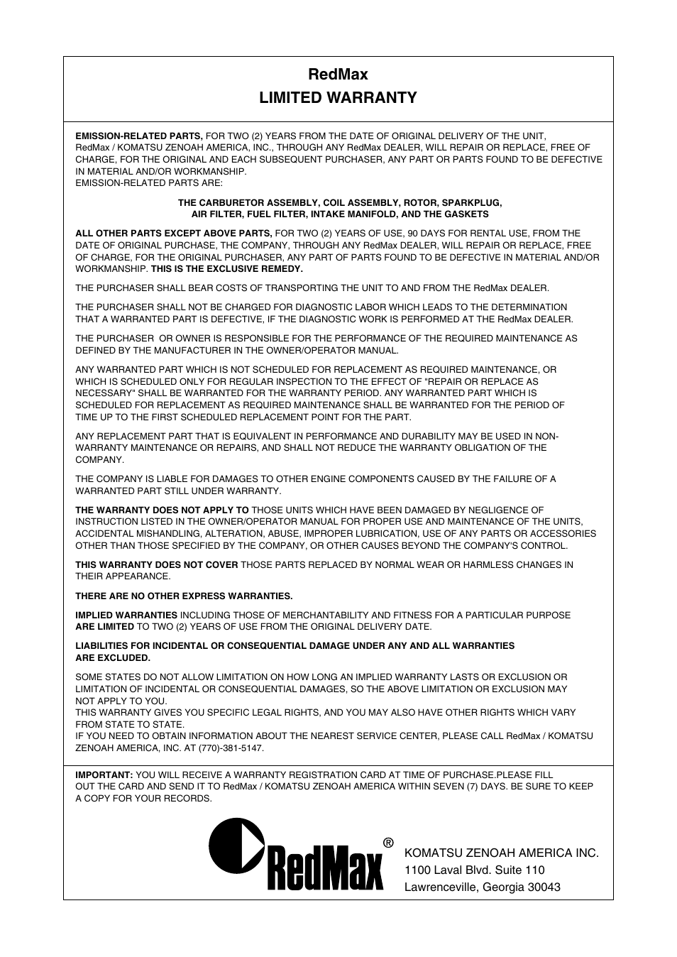 Redmax limited warranty | RedMax HEZ2401S User Manual | Page 61 / 64