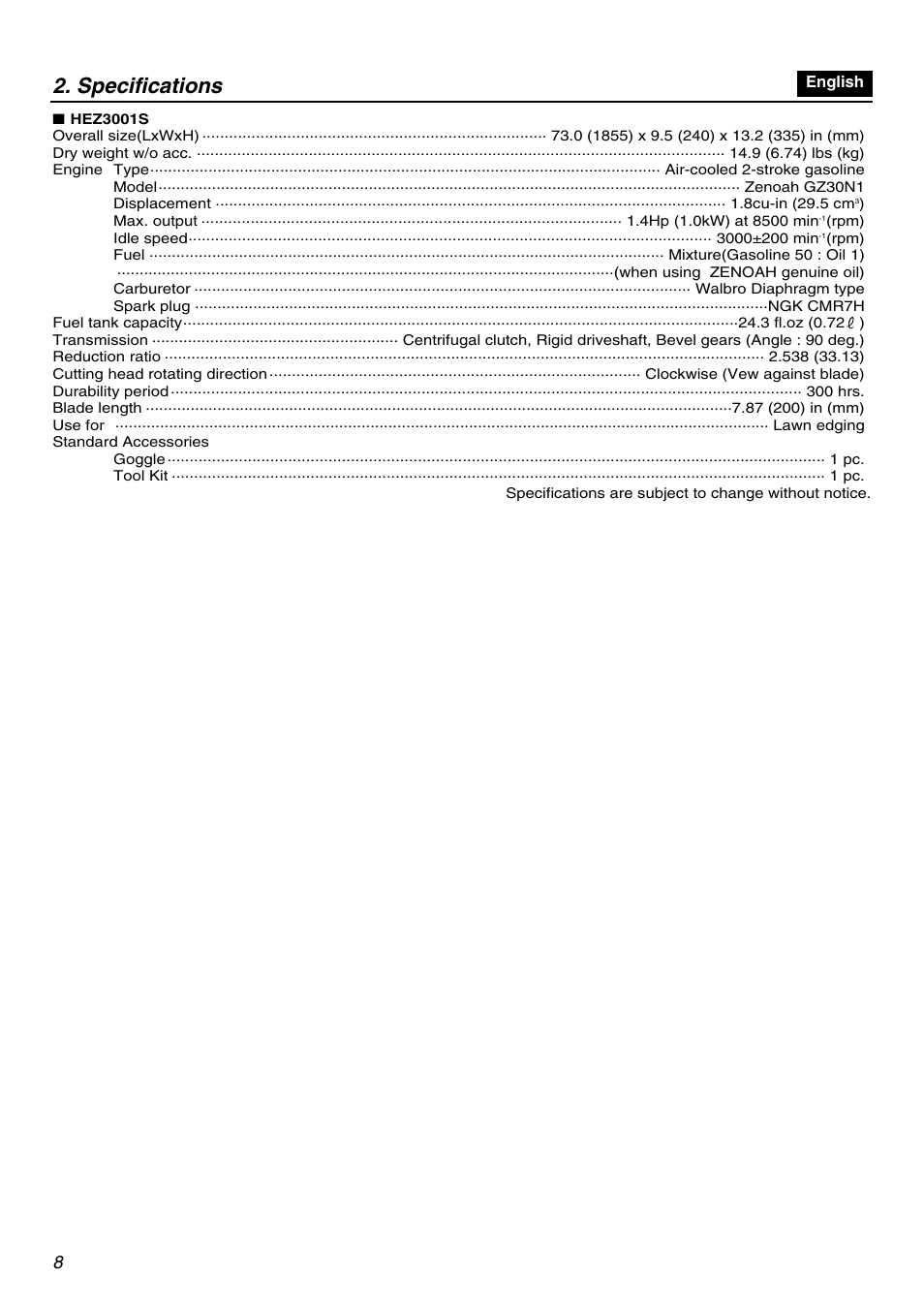 Specifications | RedMax HEZ2401S User Manual | Page 8 / 64