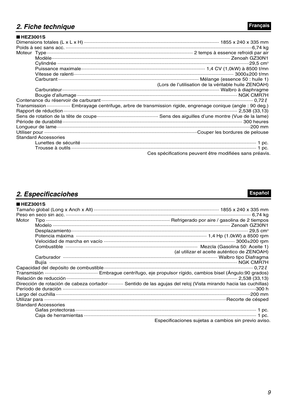 Fiche technique, Especificaciohes | RedMax HEZ2401S User Manual | Page 9 / 64