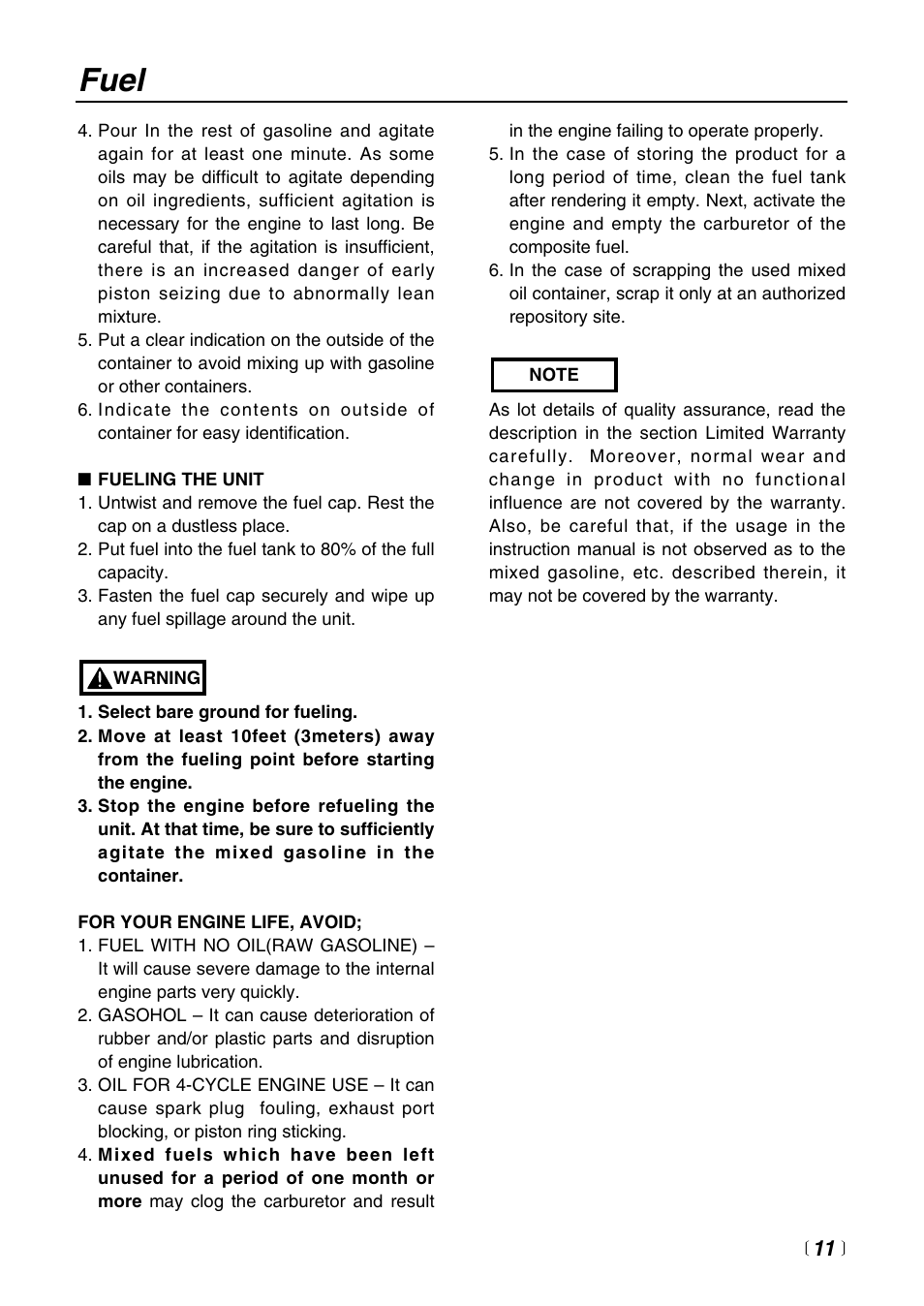 Fuel | RedMax PORTABLE GAS DRILL EDG2300 User Manual | Page 11 / 24