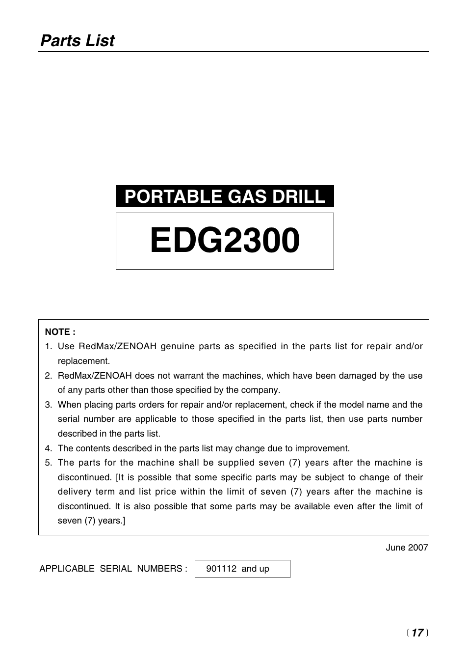 Edg2300, Portable gas drill, Parts list | RedMax PORTABLE GAS DRILL EDG2300 User Manual | Page 17 / 24