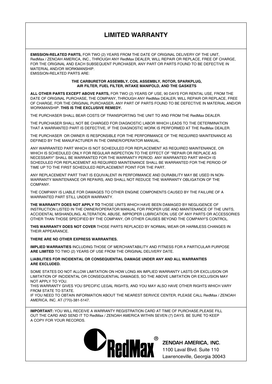 Limited warranty | RedMax PORTABLE GAS DRILL EDG2300 User Manual | Page 22 / 24