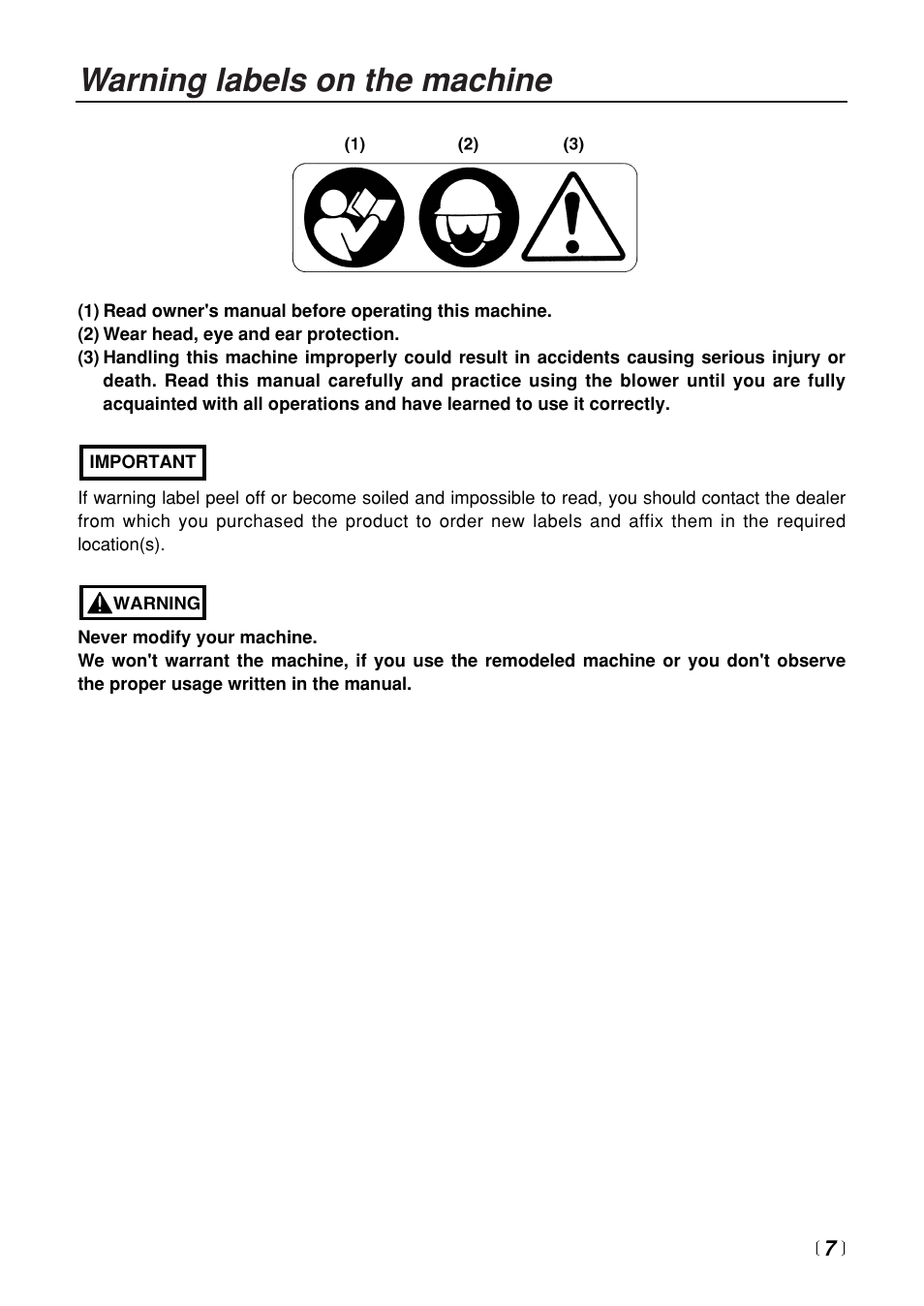 Warning labels on the machine | RedMax EB4401 User Manual | Page 7 / 28