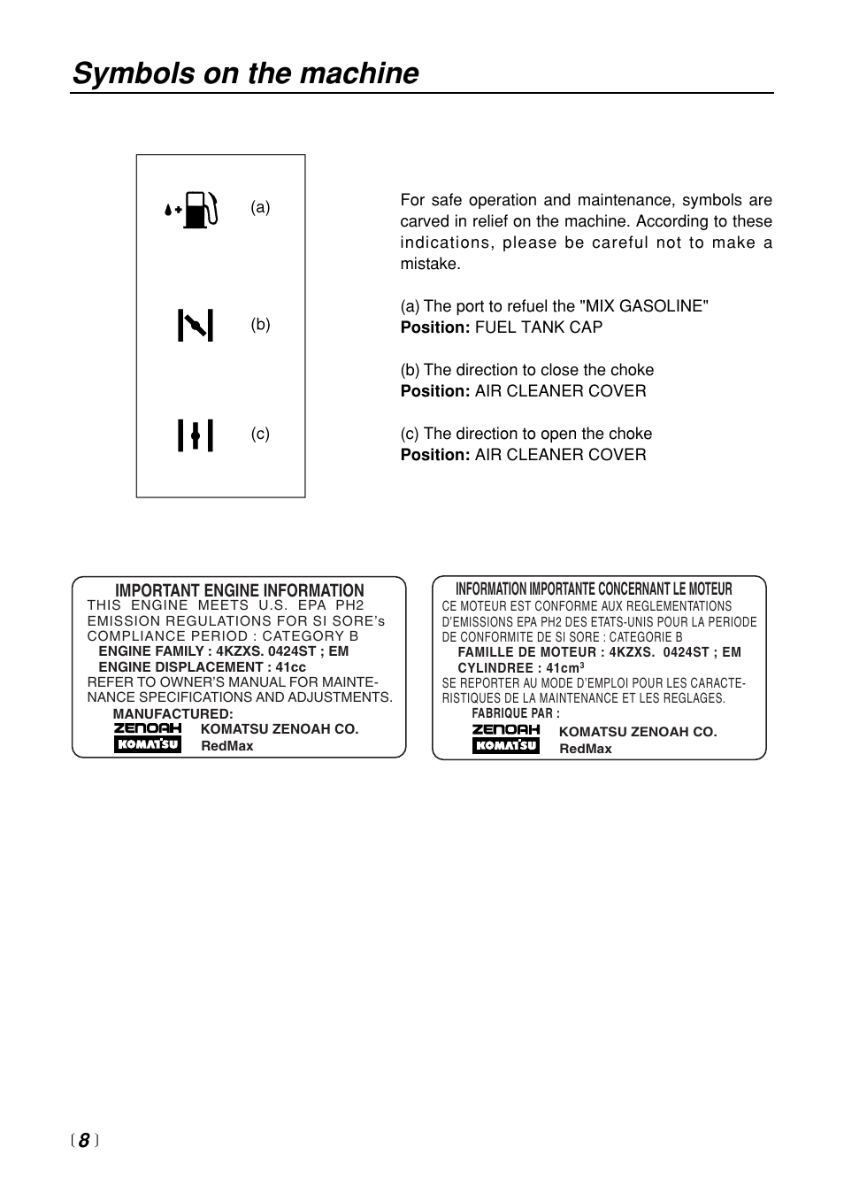 Symbols on the machine | RedMax EB4401 User Manual | Page 8 / 28