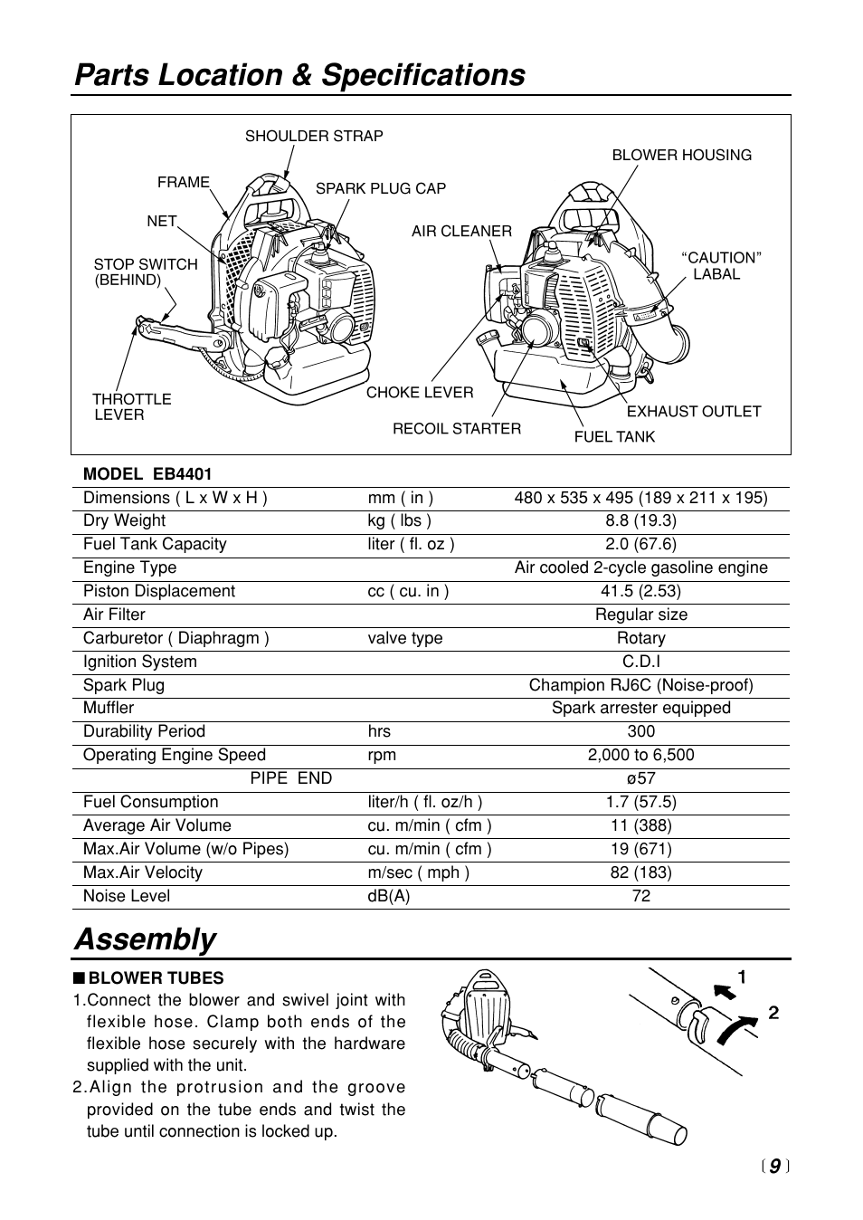 Parts location & specifications assembly | RedMax EB4401 User Manual | Page 9 / 28