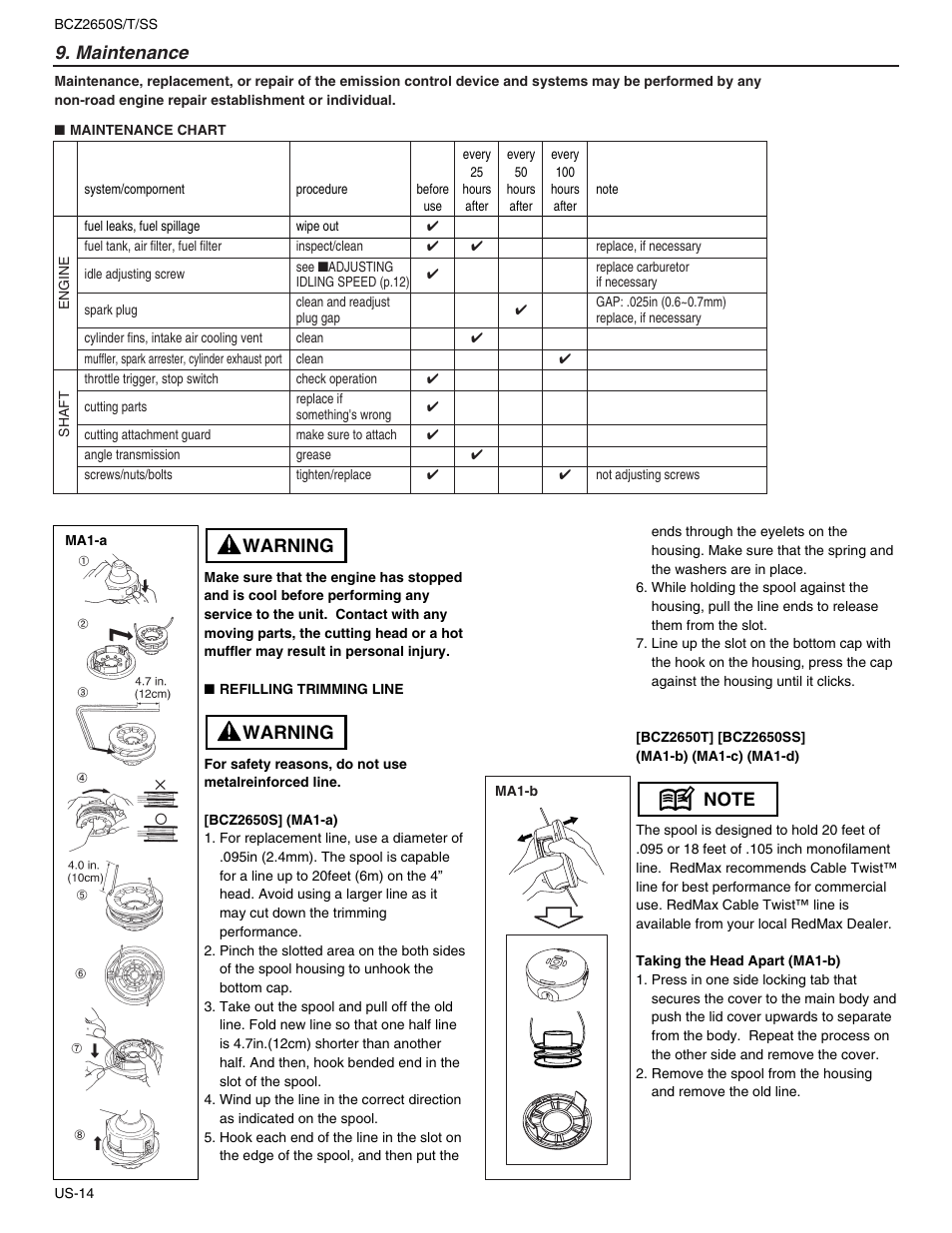 Maintenance, Warning | RedMax BCZ2650S User Manual | Page 14 / 22