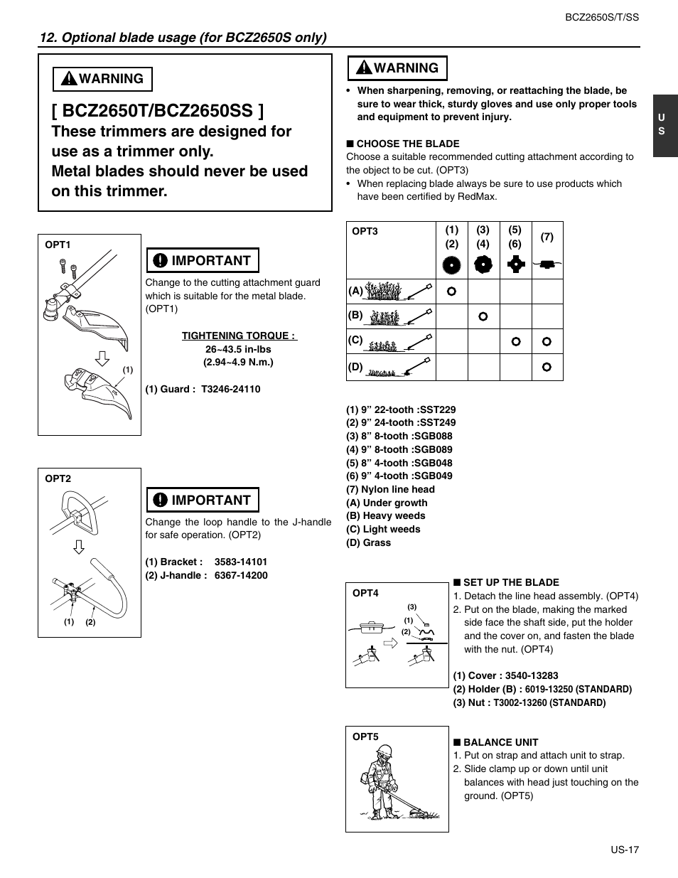 Warning, Optional blade usage (for bcz2650s only), Important | RedMax BCZ2650S User Manual | Page 17 / 22