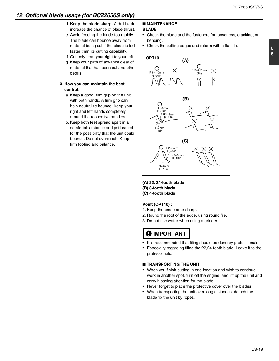 Optional blade usage (for bcz2650s only), Important | RedMax BCZ2650S User Manual | Page 19 / 22