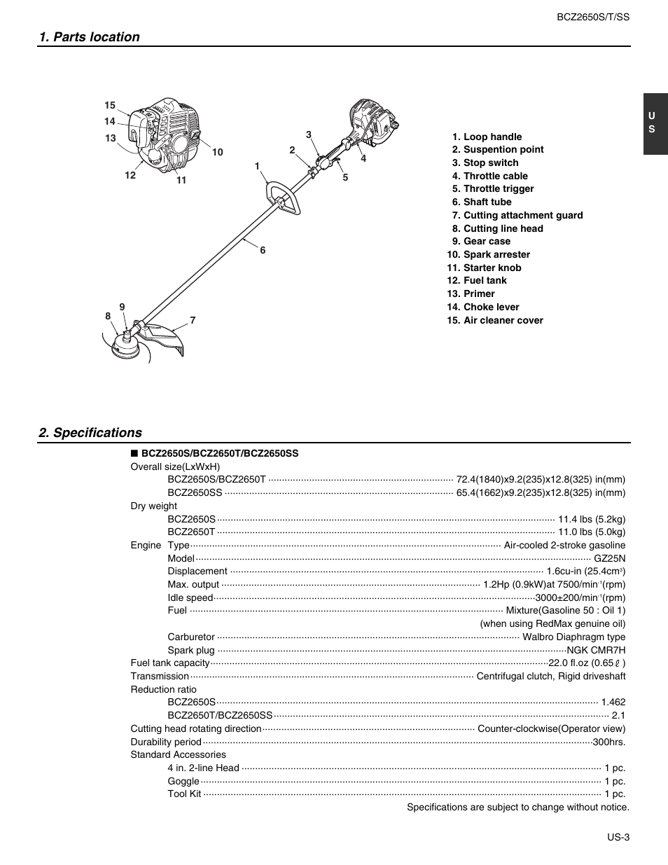 Parts location, Specifications | RedMax BCZ2650S User Manual | Page 3 / 22