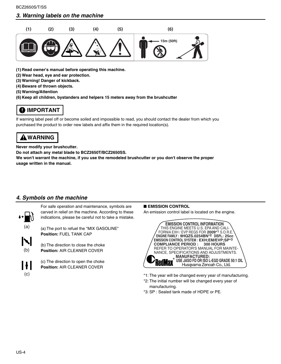 Warning labels on the machine, Warning important 4. symbols on the machine | RedMax BCZ2650S User Manual | Page 4 / 22