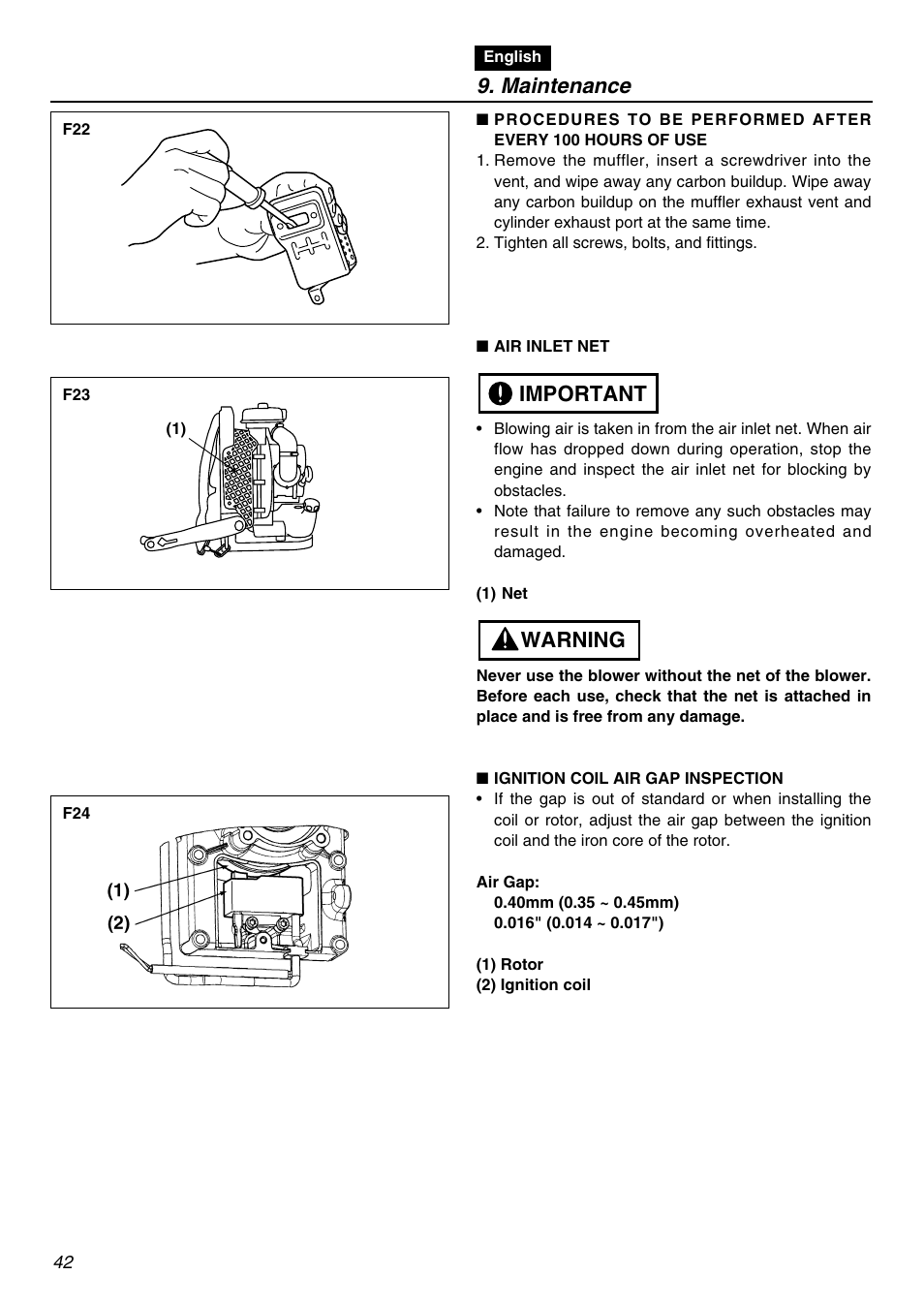 Maintenance, Warning important | RedMax EBZ7100 User Manual | Page 42 / 60