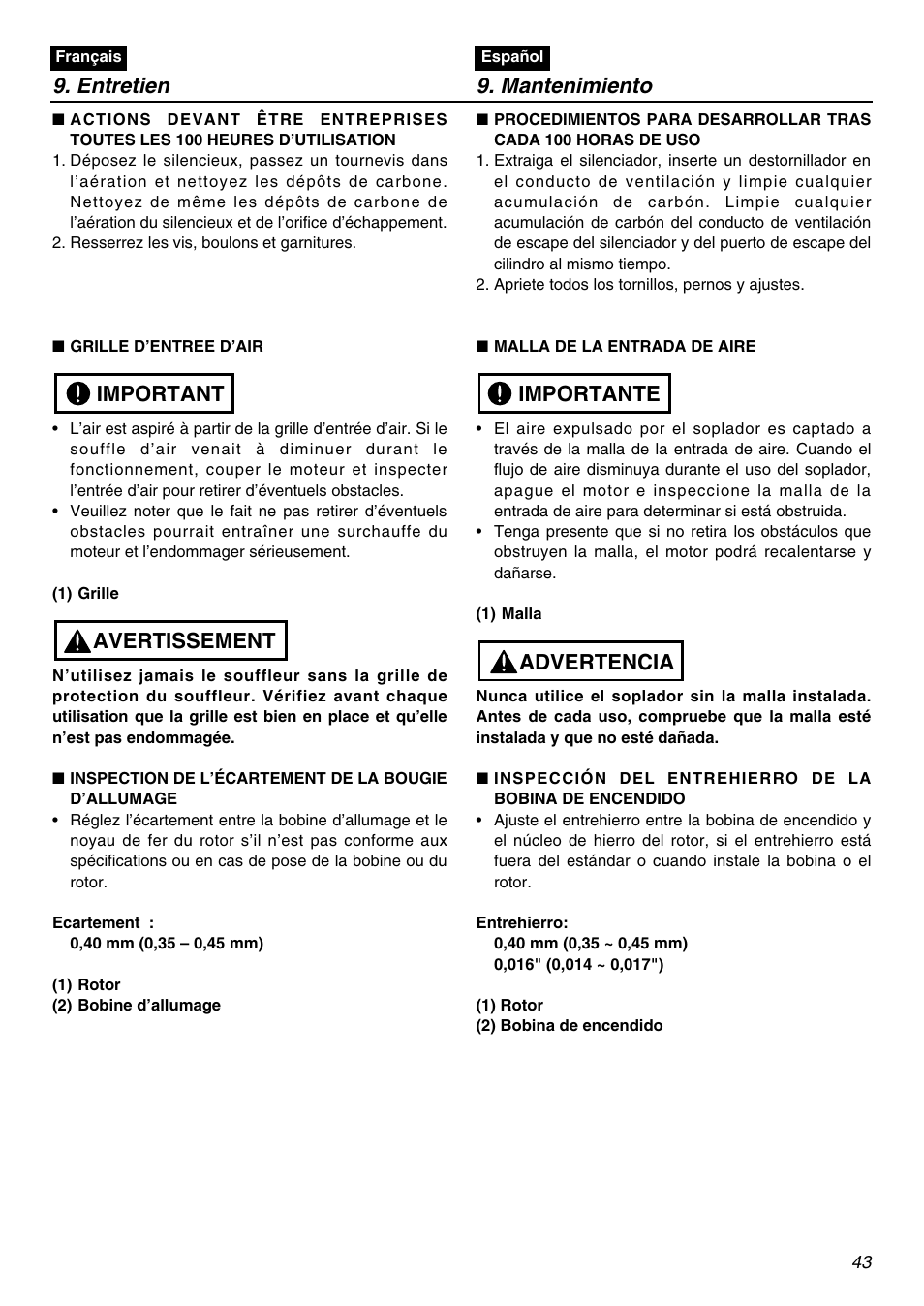 Entretien 9. mantenimiento, Avertissement important, Advertencia importante | RedMax EBZ7100 User Manual | Page 43 / 60