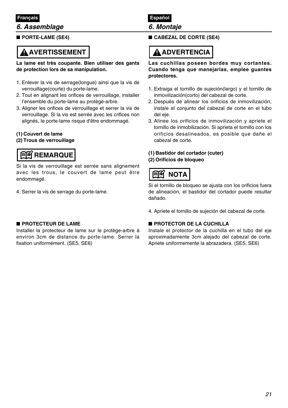 Assemblage 6. montaje, Remarque avertissement, Nota advertencia | RedMax SGCZ2401S User Manual | Page 21 / 60