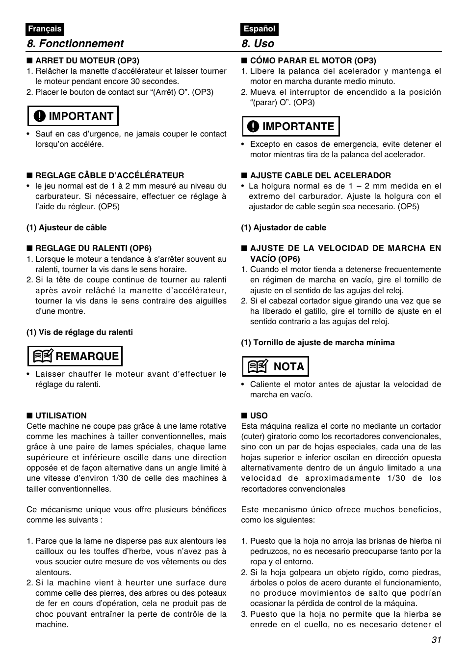 Fonctionnement 8. uso, Remarque important, Nota importante | RedMax SGCZ2401S User Manual | Page 31 / 60