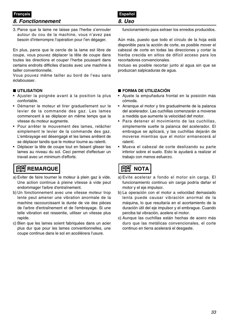 Fonctionnement 8. uso, Nota, Remarque | RedMax SGCZ2401S User Manual | Page 33 / 60