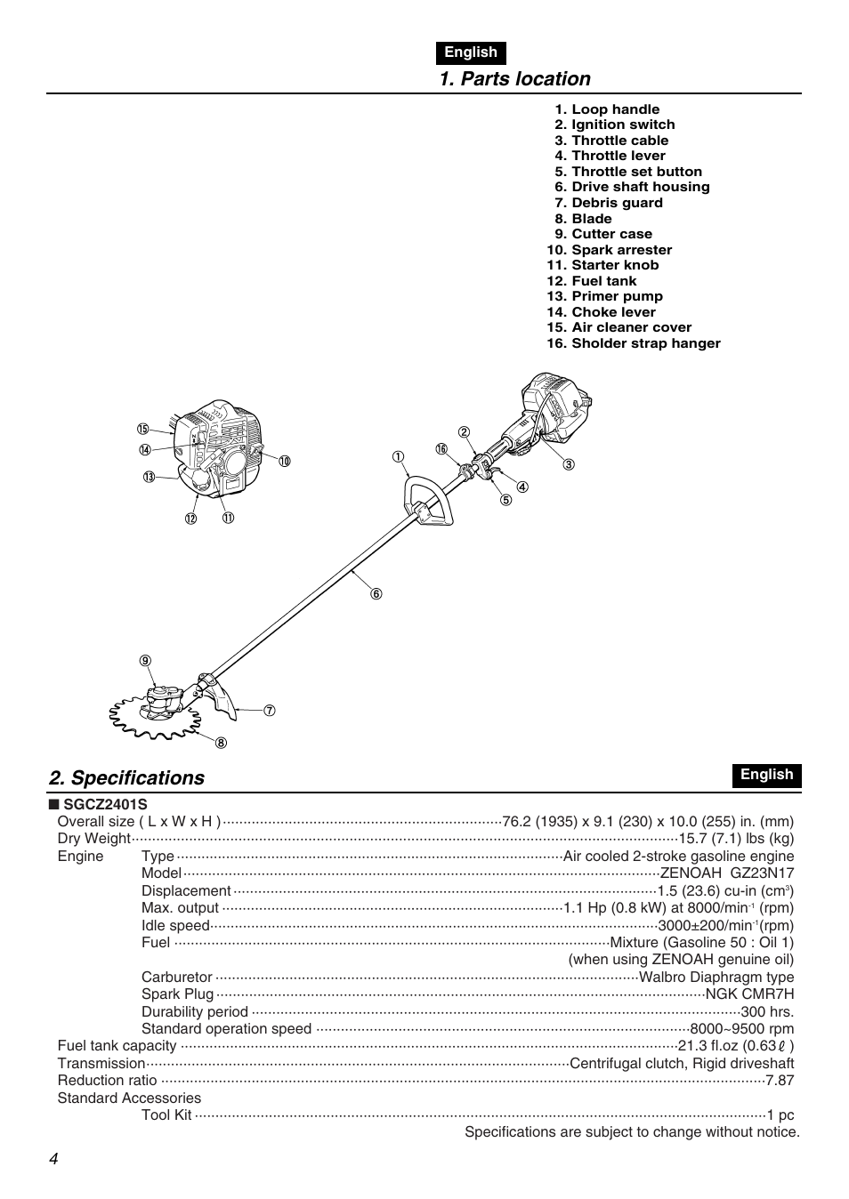 Parts location, Specifications | RedMax SGCZ2401S User Manual | Page 4 / 60