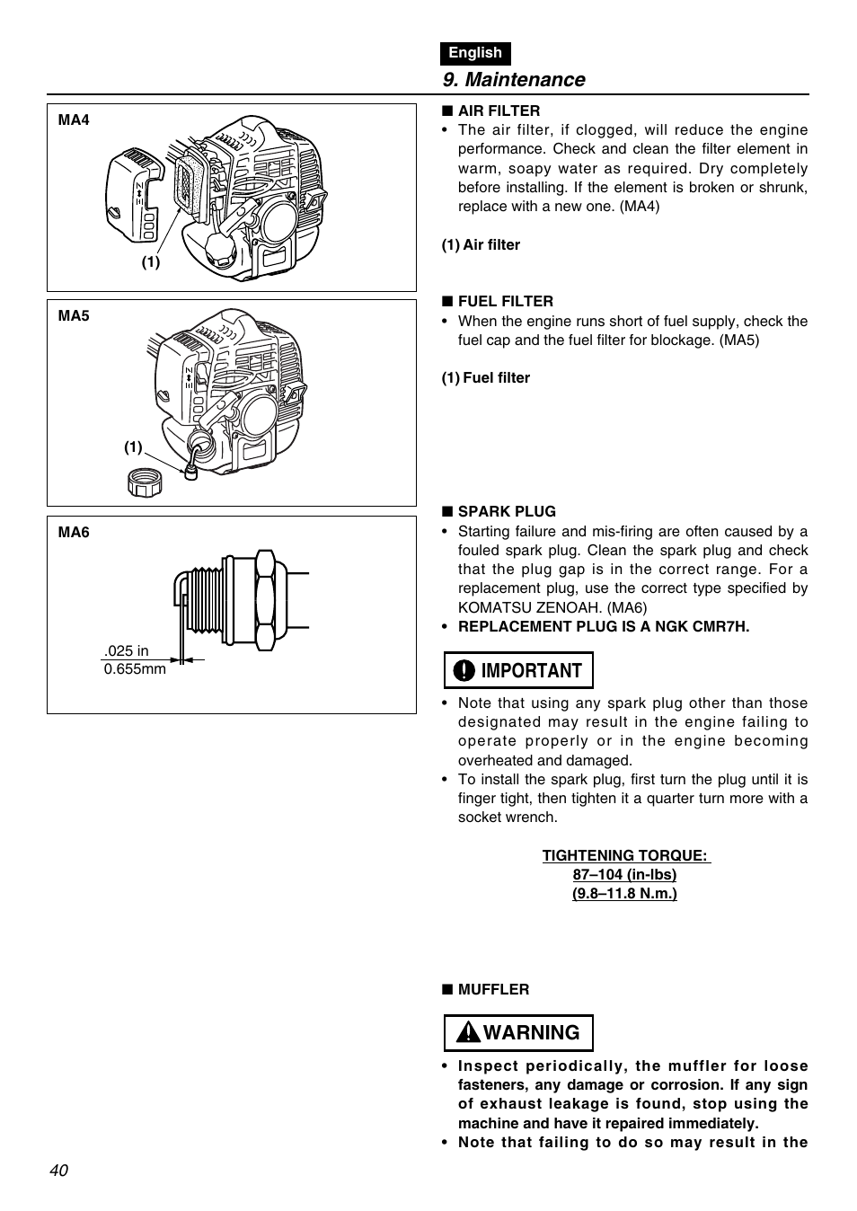 Maintenance, Warning important | RedMax SGCZ2401S User Manual | Page 40 / 60