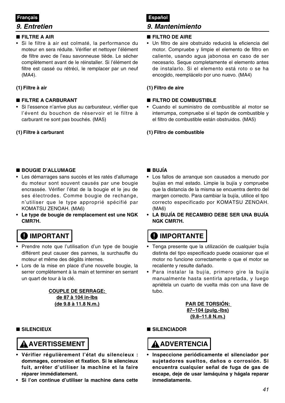 Entretien 9. mantenimiento, Avertissement important, Advertencia importante | RedMax SGCZ2401S User Manual | Page 41 / 60